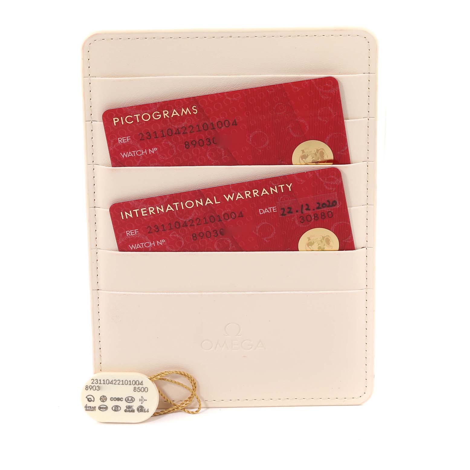 The image shows the warranty cards and tags for an Omega Aqua Terra 231.10.42.21.01.004 Men's Stainless Steel Black Dial 231.10.42.21.01.004 Men's Stainless Steel Black Dial watch in a beige cardholder.