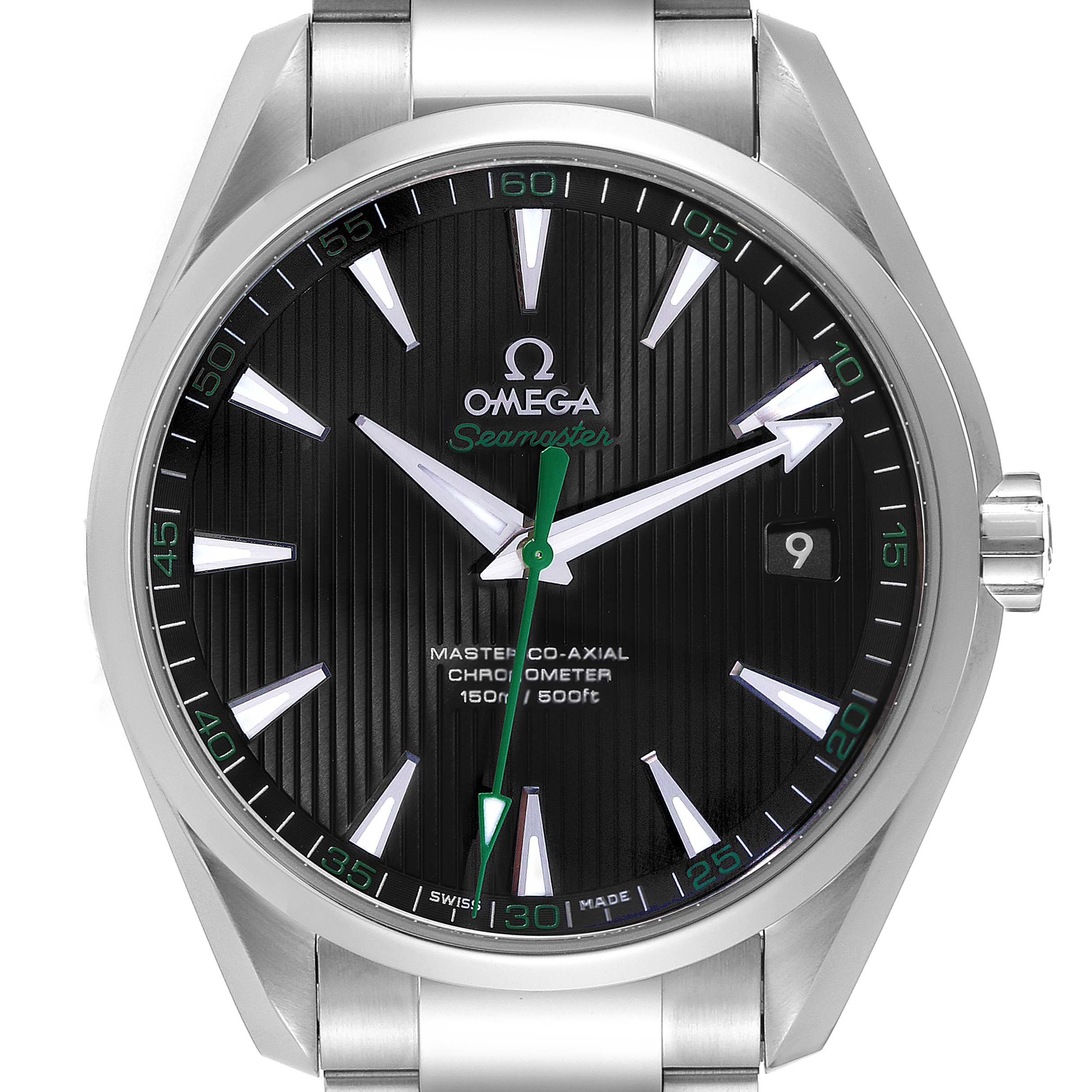 The Omega Aqua Terra 231.10.42.21.01.004 Men's Stainless Steel Black Dial 231.10.42.21.01.004 Men's Stainless Steel Black Dial watch is shown from the front, displaying the face, hands, date window, and part of the bracelet.
