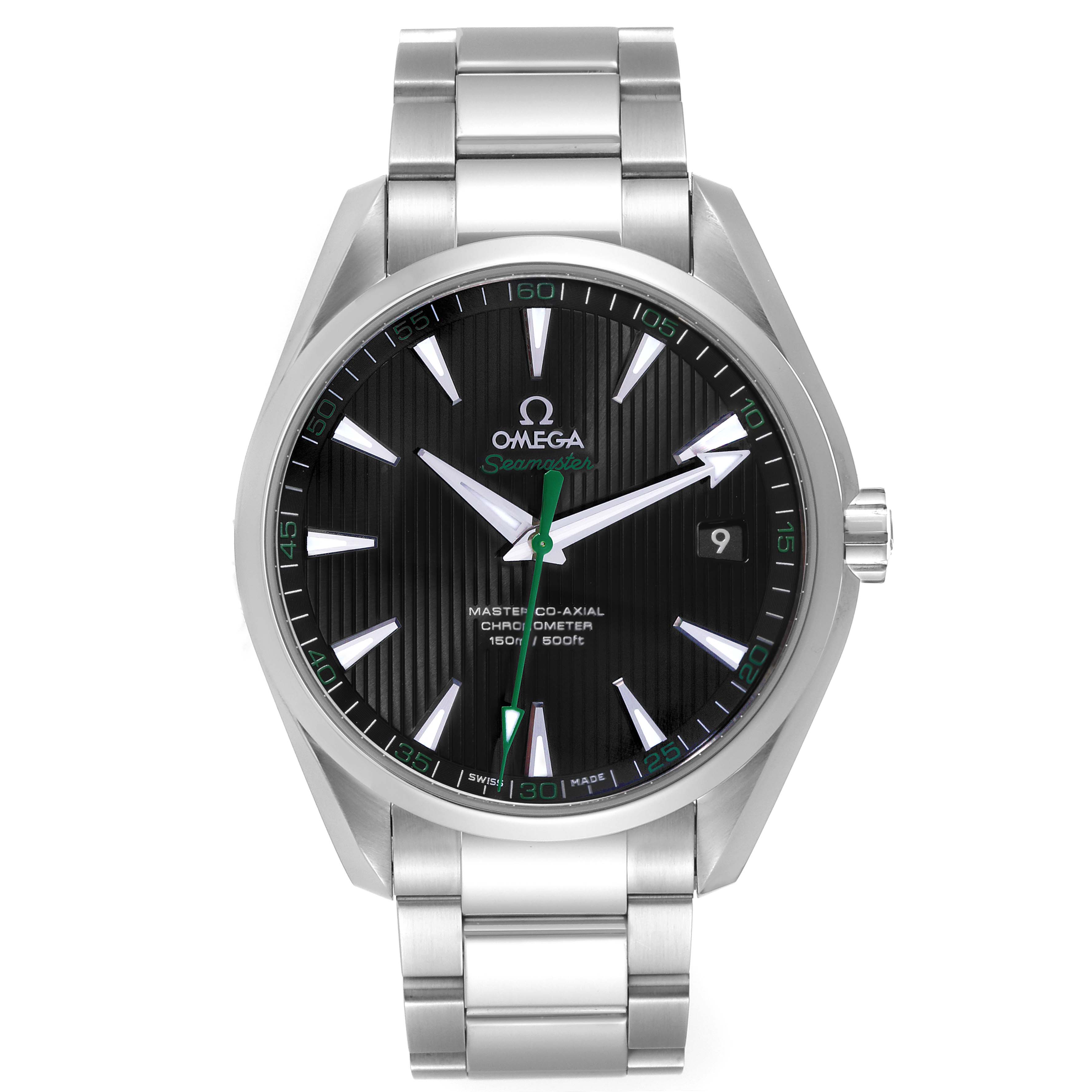 This image shows a front view of the Omega Seamaster Aqua Terra watch, featuring its dial, bezel, case, and bracelet.