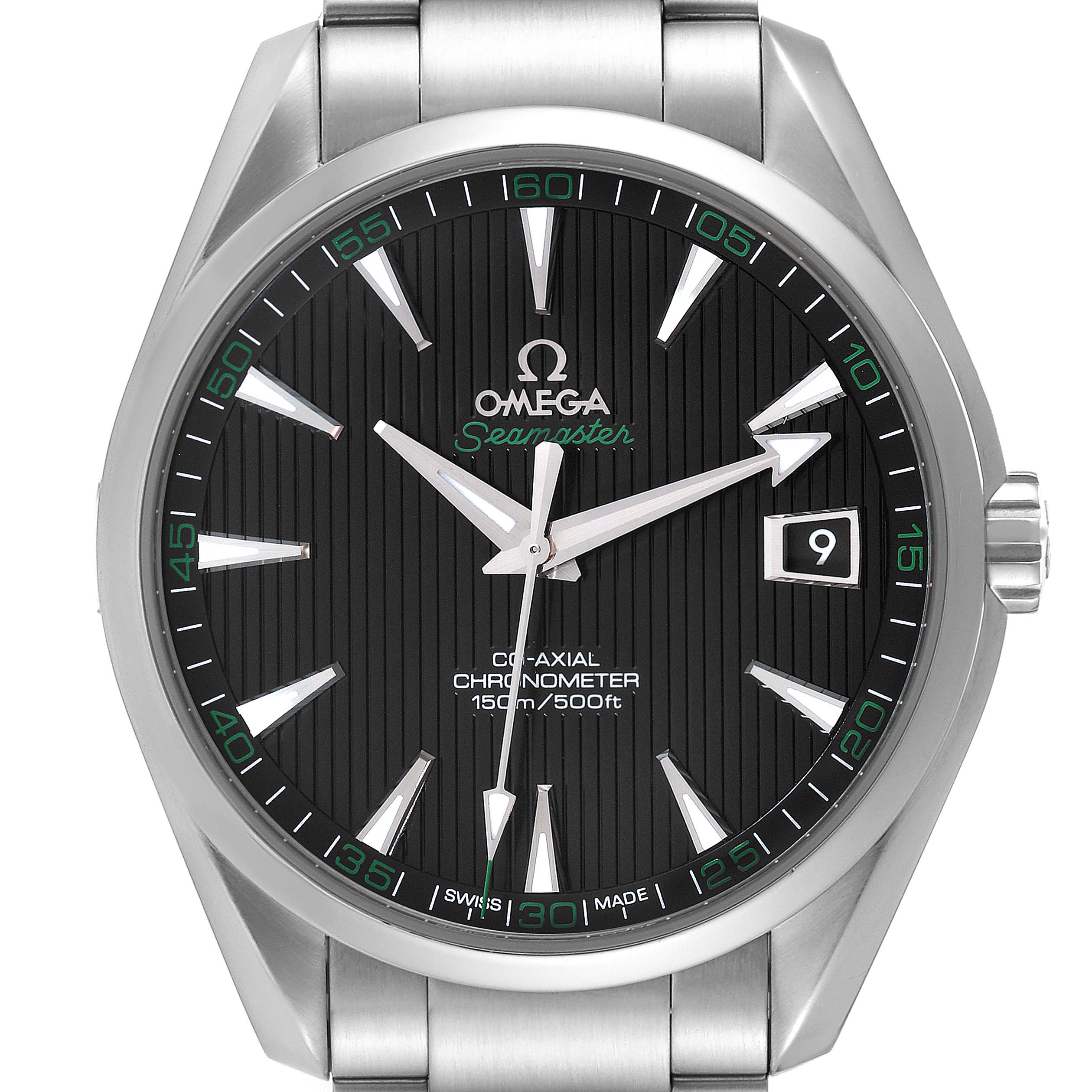The image shows a front view of the Omega Aqua Terra 231.10.42.21.01.001 Men's Stainless Steel Black Dial 231.10.42.21.01.001 Men's Stainless Steel Black Dial watch, highlighting its face, dial, and metal bracelet.
