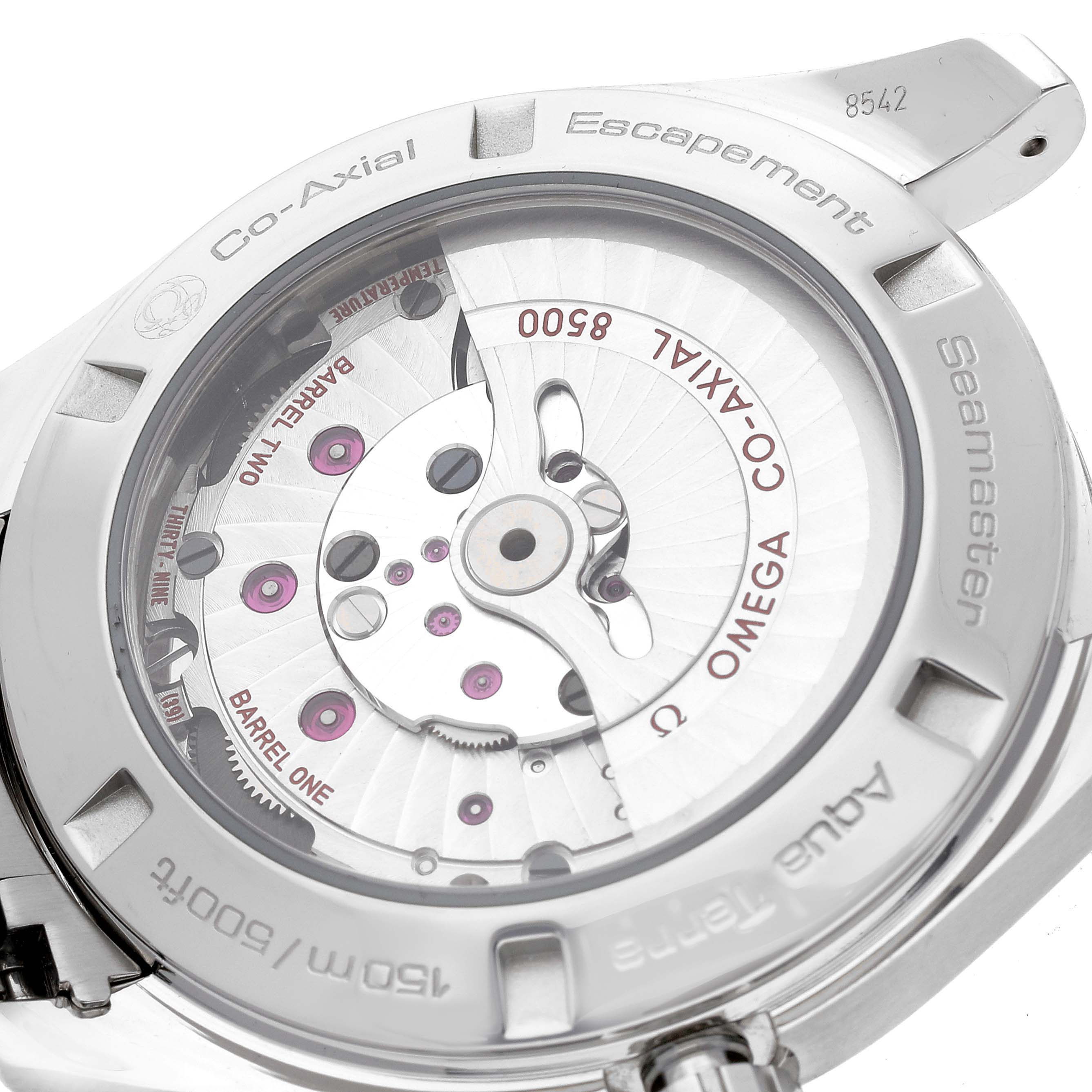 This image shows the back of the Omega Aqua Terra 231.10.42.21.01.001 Men's Stainless Steel Black Dial 231.10.42.21.01.001 Men's Stainless Steel Black Dial watch, revealing its Co-Axial Escapement and internal movement mechanism.