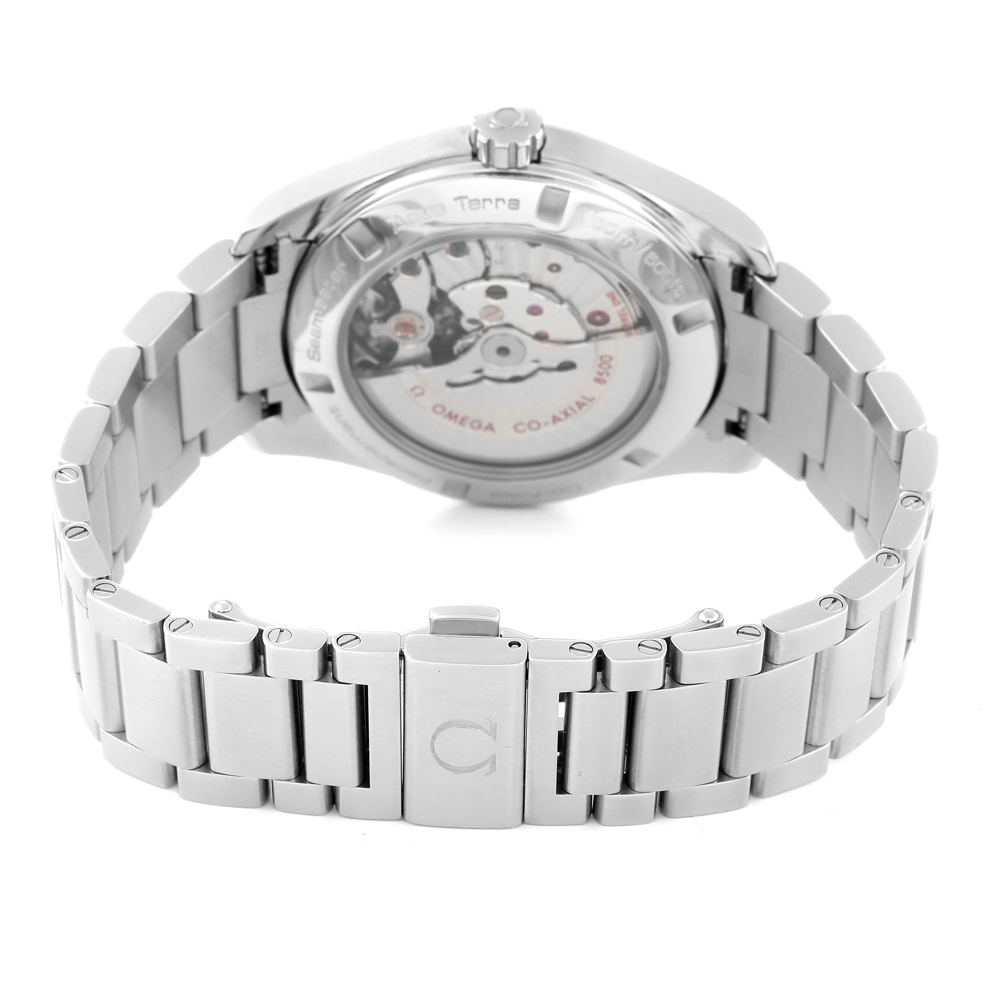 The image shows the back view of the Omega Aqua Terra 231.10.42.21.01.001 Men's Stainless Steel Black Dial 231.10.42.21.01.001 Men's Stainless Steel Black Dial watch, highlighting its bracelet and visible movement through the transparent case back.