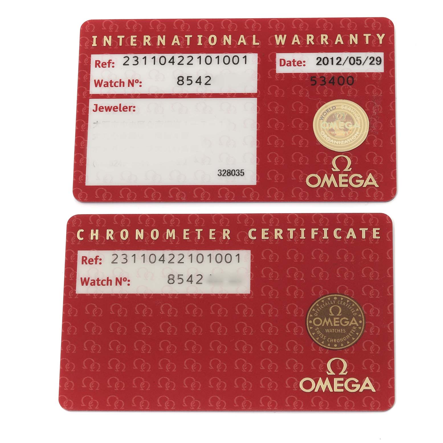 The image shows the International Warranty and Chronometer Certificate cards for the Omega Aqua Terra 231.10.42.21.01.001 Men's Stainless Steel Black Dial 231.10.42.21.01.001 Men's Stainless Steel Black Dial watch model.