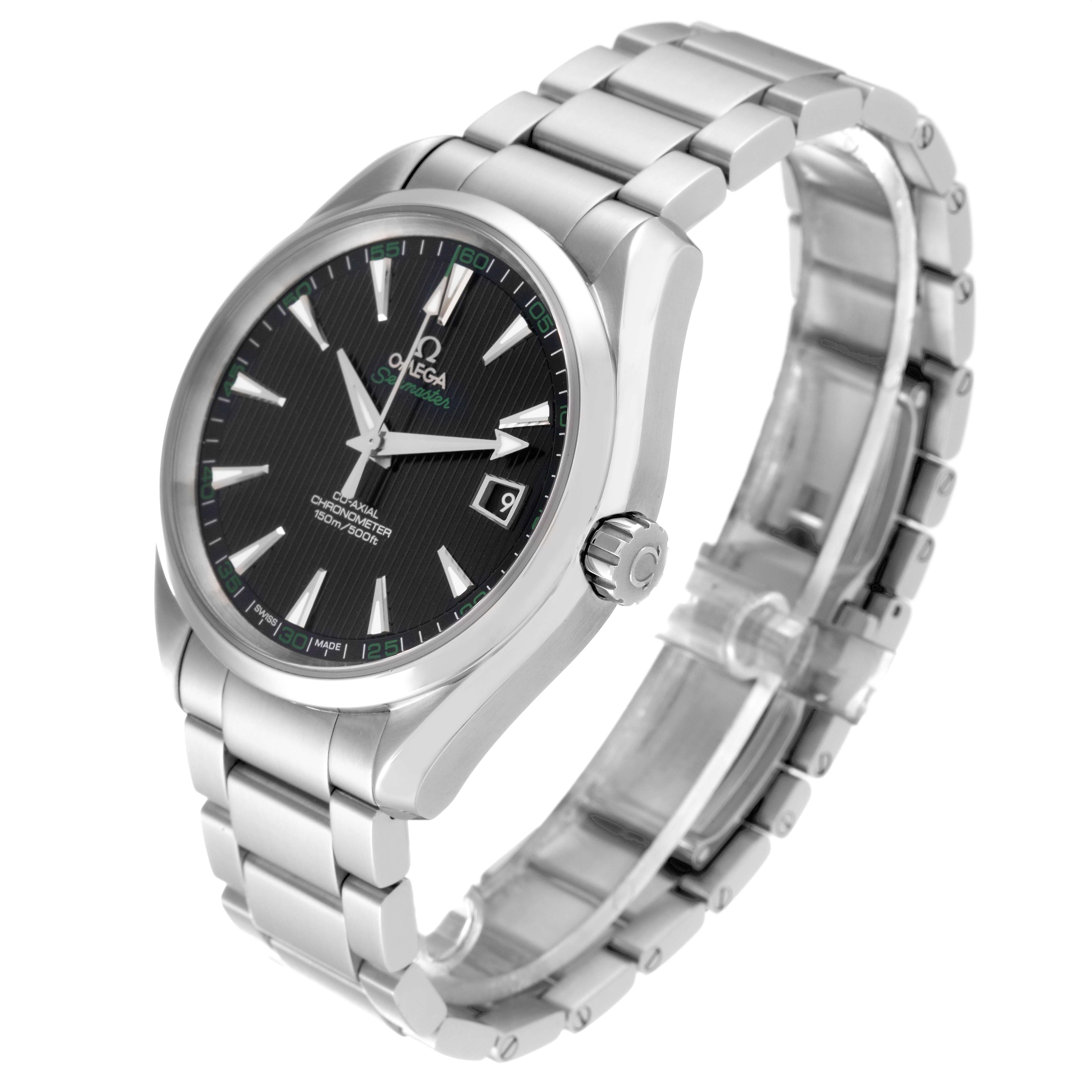 The Omega Aqua Terra 231.10.42.21.01.001 Men's Stainless Steel Black Dial 231.10.42.21.01.001 Men's Stainless Steel Black Dial watch is shown at a three-quarter angle, highlighting the face, bezel, and bracelet.