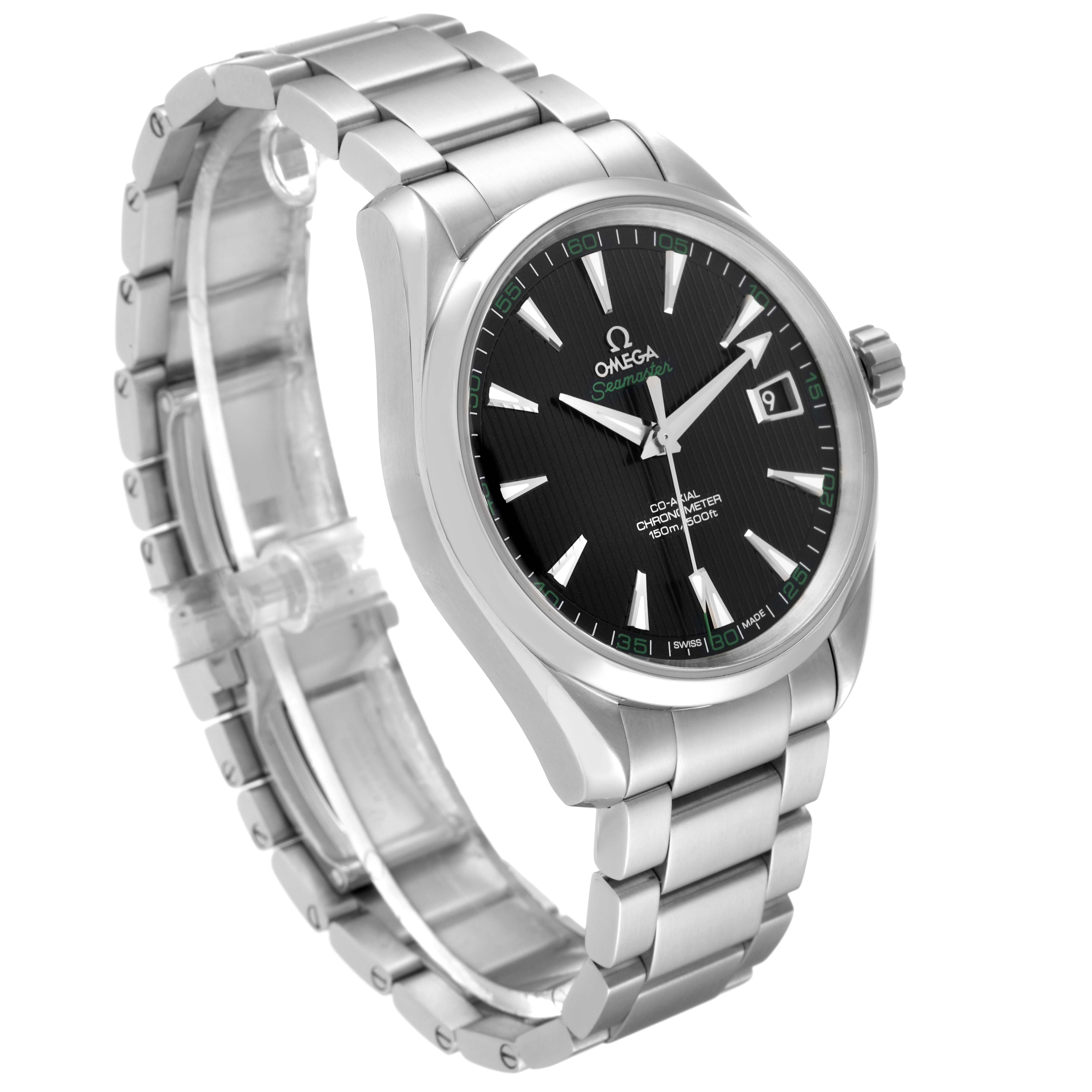 The Omega Aqua Terra 231.10.42.21.01.001 Men's Stainless Steel Black Dial 231.10.42.21.01.001 Men's Stainless Steel Black Dial watch is shown at a three-quarter angle, displaying the face, case, bracelet, and crown.