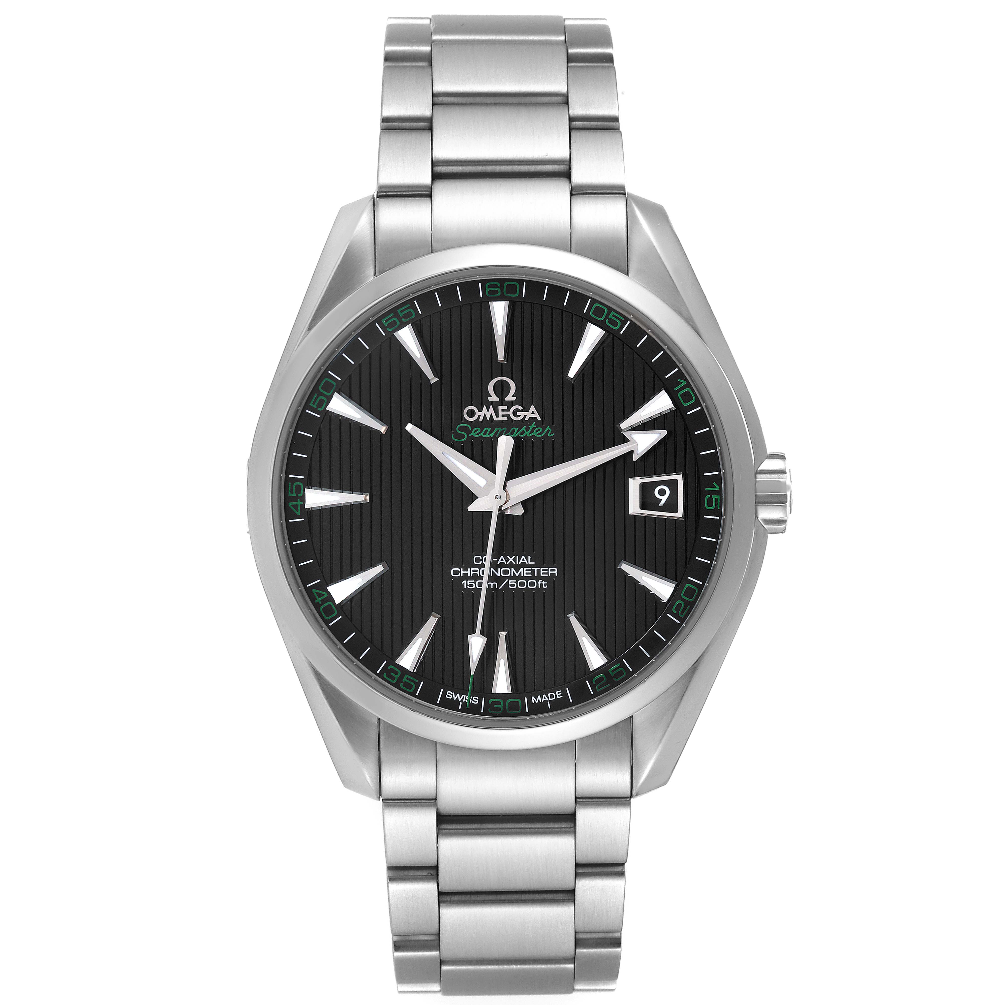 The Omega Aqua Terra 231.10.42.21.01.001 Men's Stainless Steel Black Dial 231.10.42.21.01.001 Men's Stainless Steel Black Dial watch is shown from a front angle displaying the face, bezel, and bracelet.