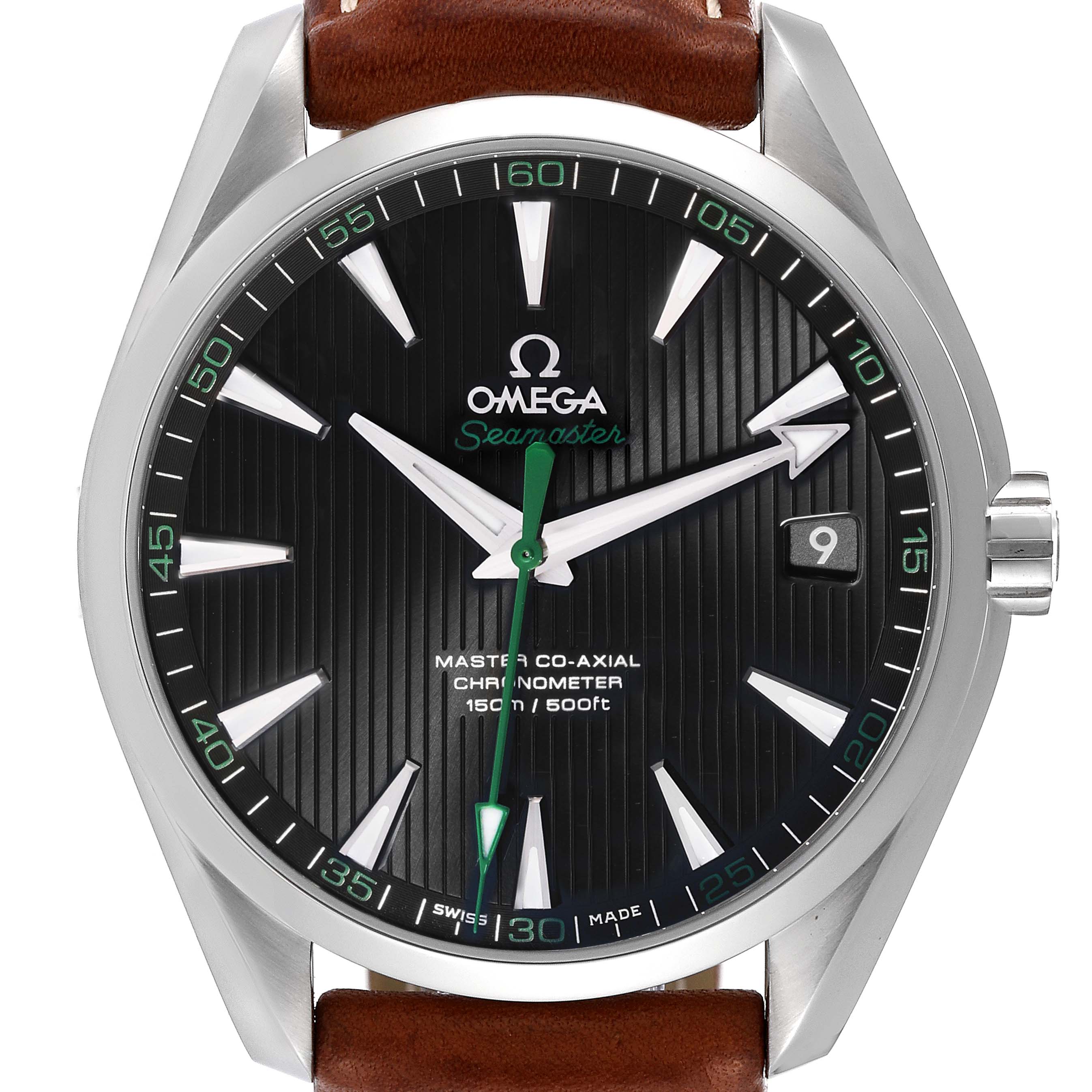 The image shows a front view of the Omega Aqua Terra 231.12.42.21.01.003 Men's Stainless Steel Black Dial 231.12.42.21.01.003 Men's Stainless Steel Black Dial watch highlighting its face, hands, numbers, date window, and part of its leather strap.