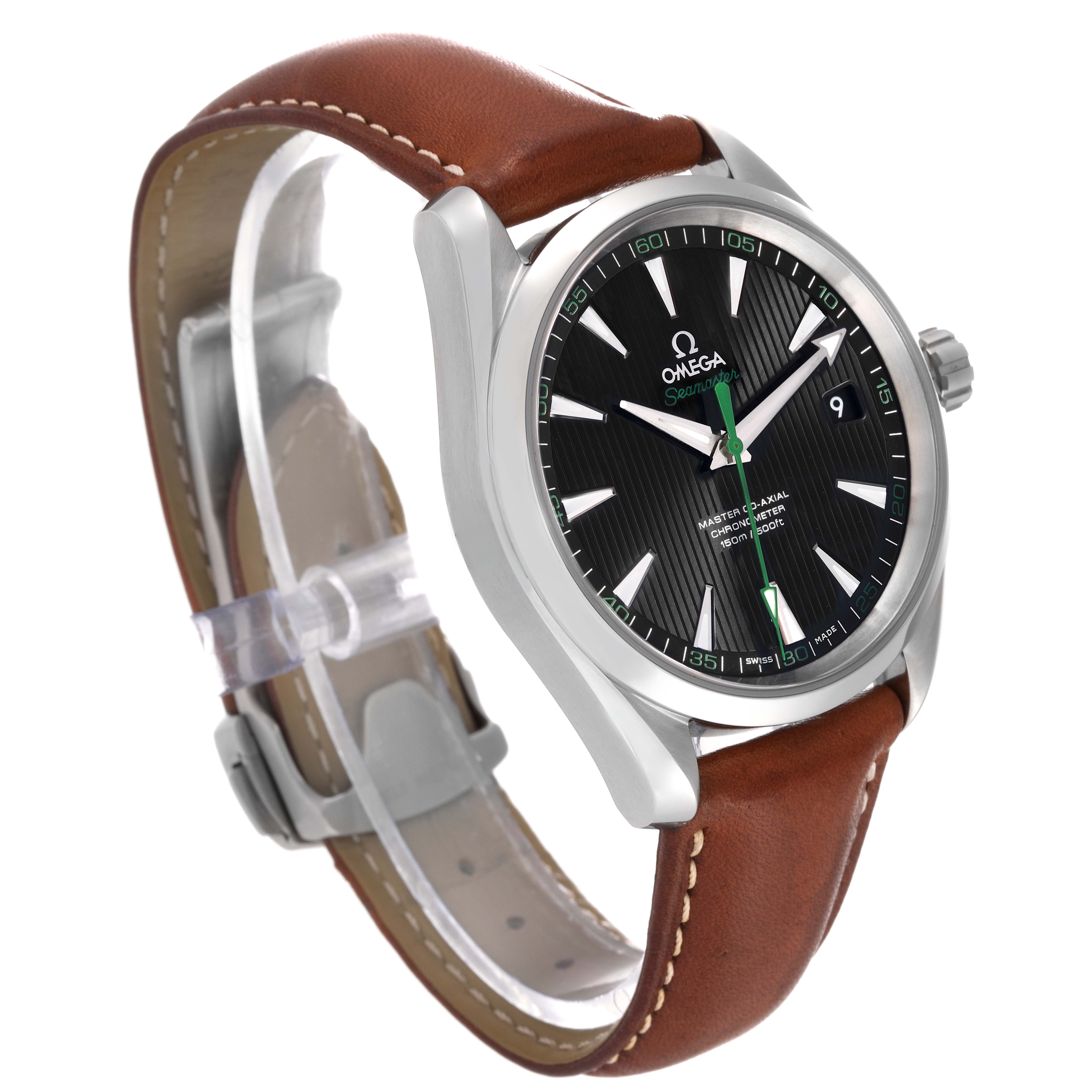 The image shows an Omega Aqua Terra 231.12.42.21.01.003 Men's Stainless Steel Black Dial 231.12.42.21.01.003 Men's Stainless Steel Black Dial watch angled to display the face, bezel, crown, and brown leather strap.