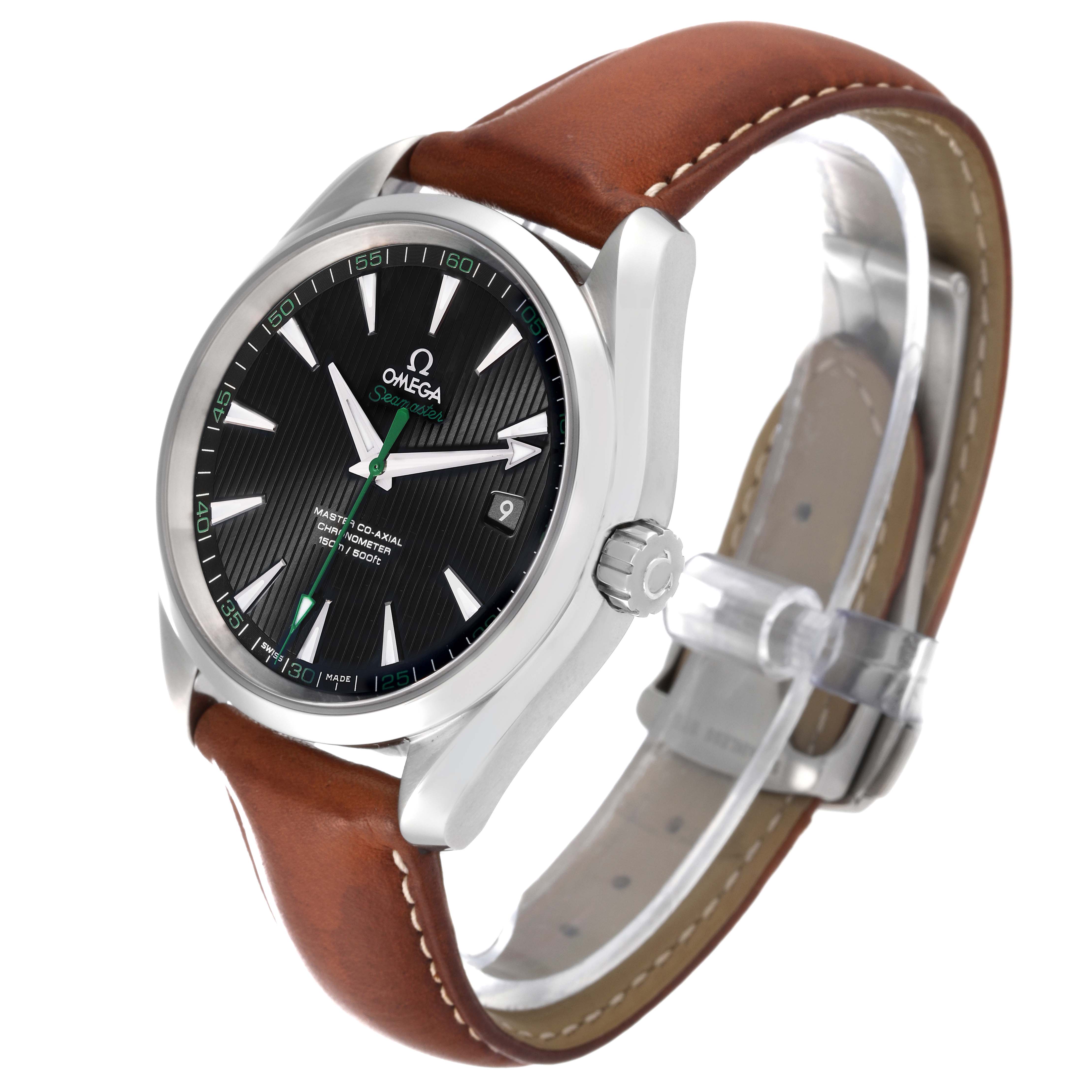 The Omega Aqua Terra 231.12.42.21.01.003 Men's Stainless Steel Black Dial 231.12.42.21.01.003 Men's Stainless Steel Black Dial watch is shown at a slight angle, displaying the face, crown, and brown leather strap.