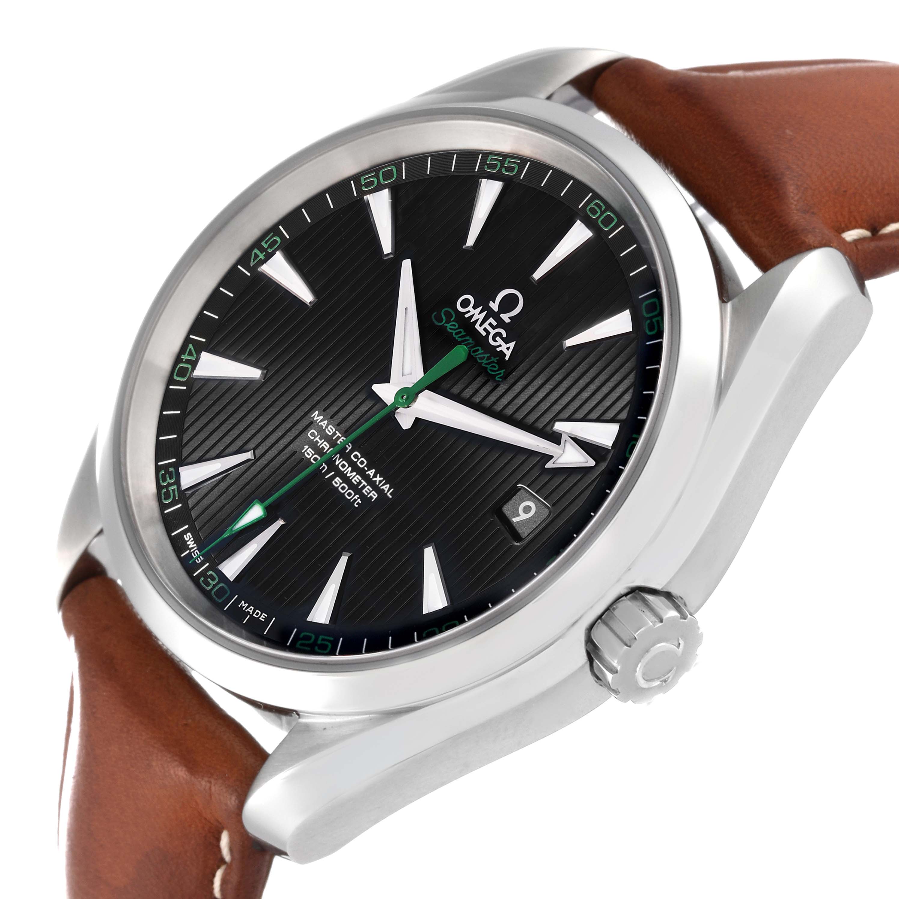 The image shows an angled close-up of an Omega Aqua Terra 231.12.42.21.01.003 Men's Stainless Steel Black Dial 231.12.42.21.01.003 Men's Stainless Steel Black Dial watch, highlighting its dial, crown, case, and brown leather strap.