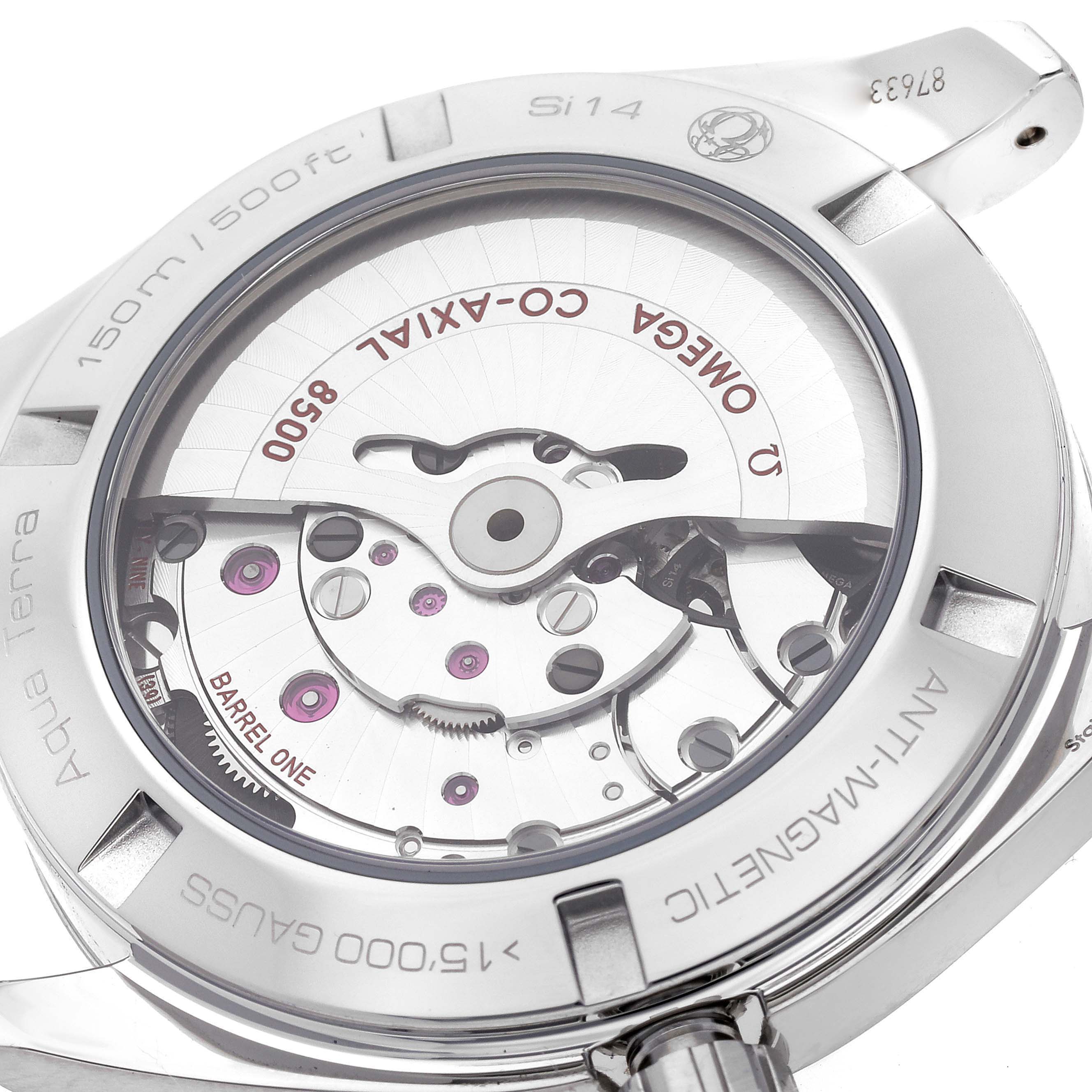 The image shows the back of the Omega Aqua Terra 231.12.42.21.01.003 Men's Stainless Steel Black Dial 231.12.42.21.01.003 Men's Stainless Steel Black Dial watch, highlighting the intricate details of its movement.