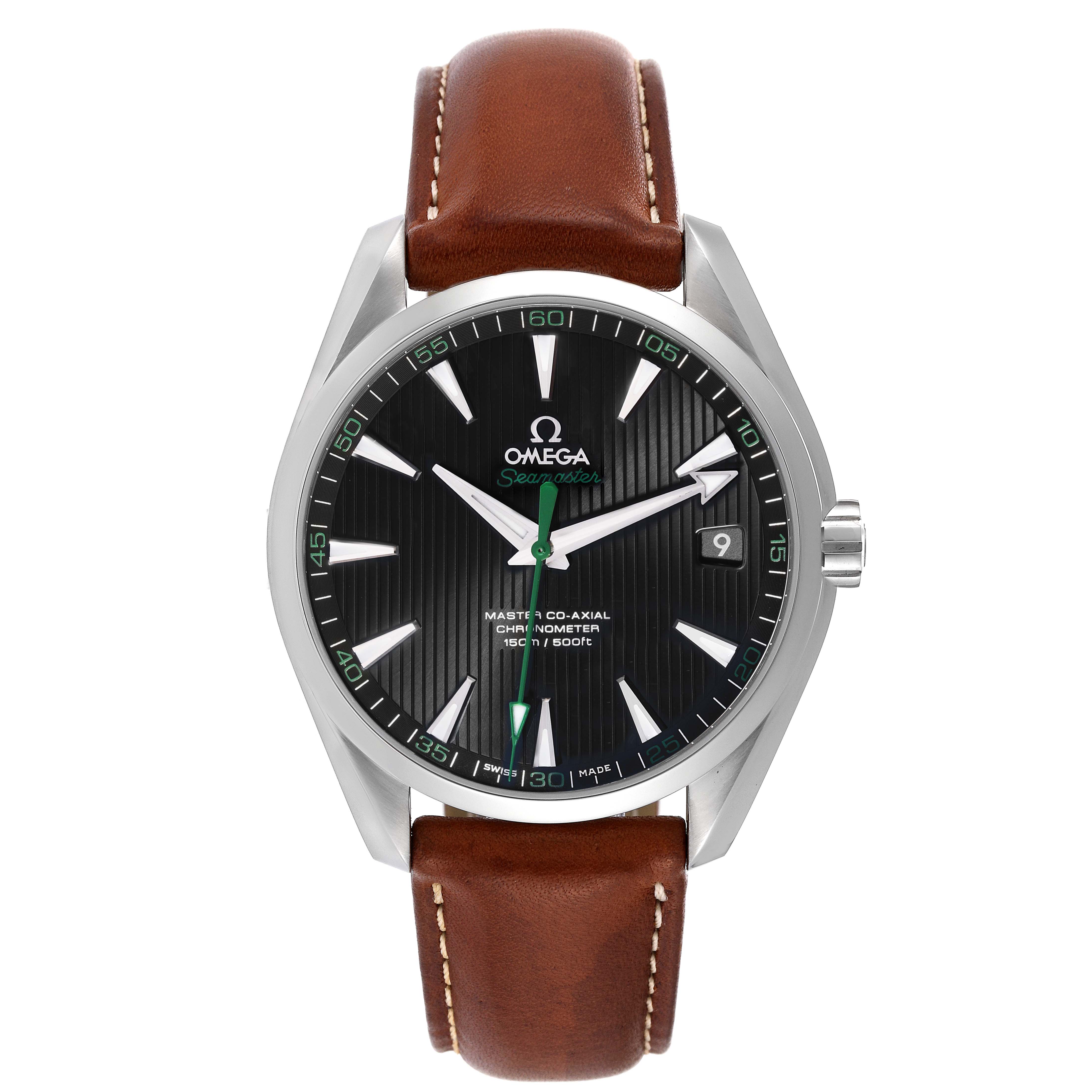 The image shows a front view of the Omega Aqua Terra 231.12.42.21.01.003 Men's Stainless Steel Black Dial 231.12.42.21.01.003 Men's Stainless Steel Black Dial watch with a brown leather strap and a black dial.