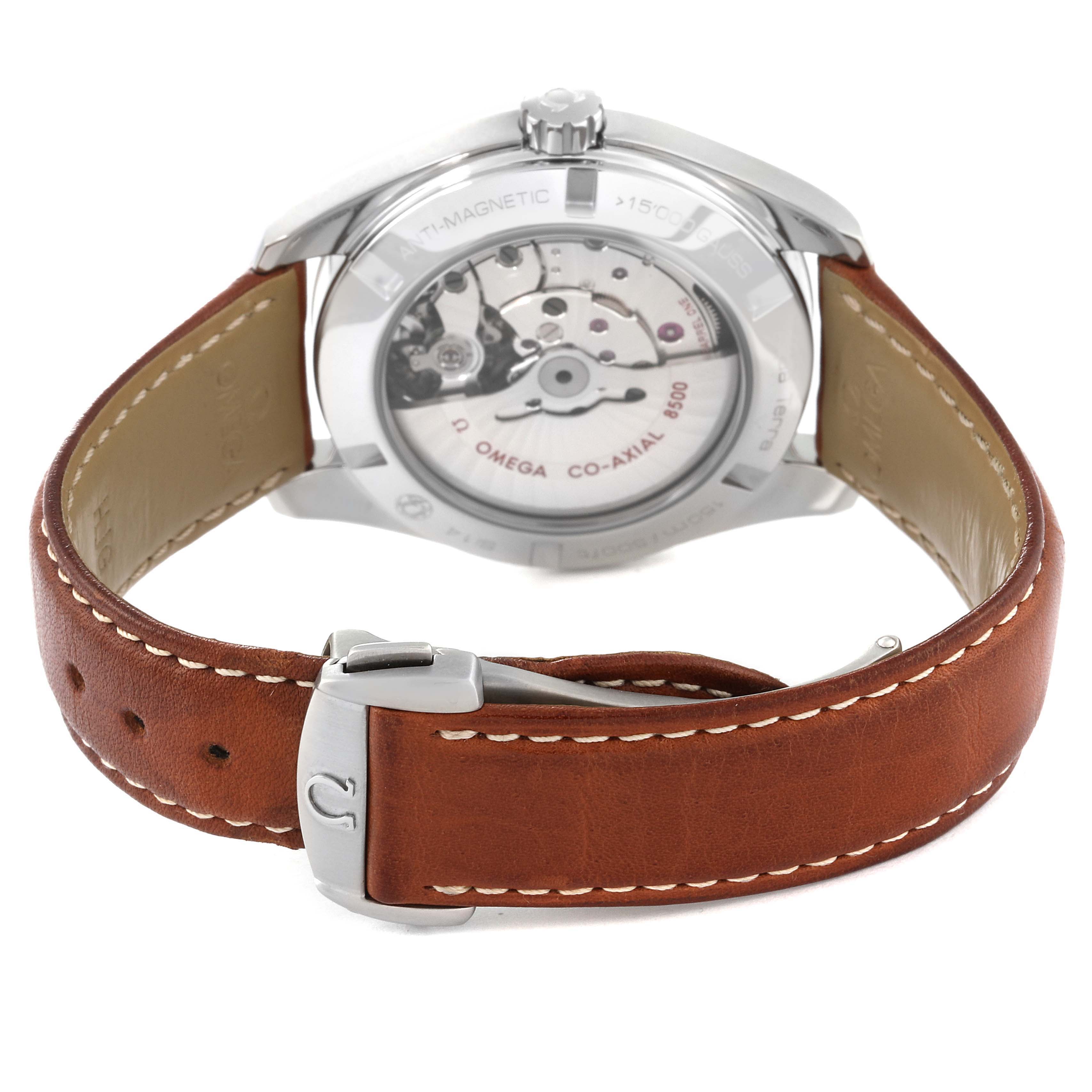 The image shows the back of the Omega Aqua Terra 231.12.42.21.01.003 Men's Stainless Steel Black Dial 231.12.42.21.01.003 Men's Stainless Steel Black Dial watch, highlighting the transparent case back and leather strap.