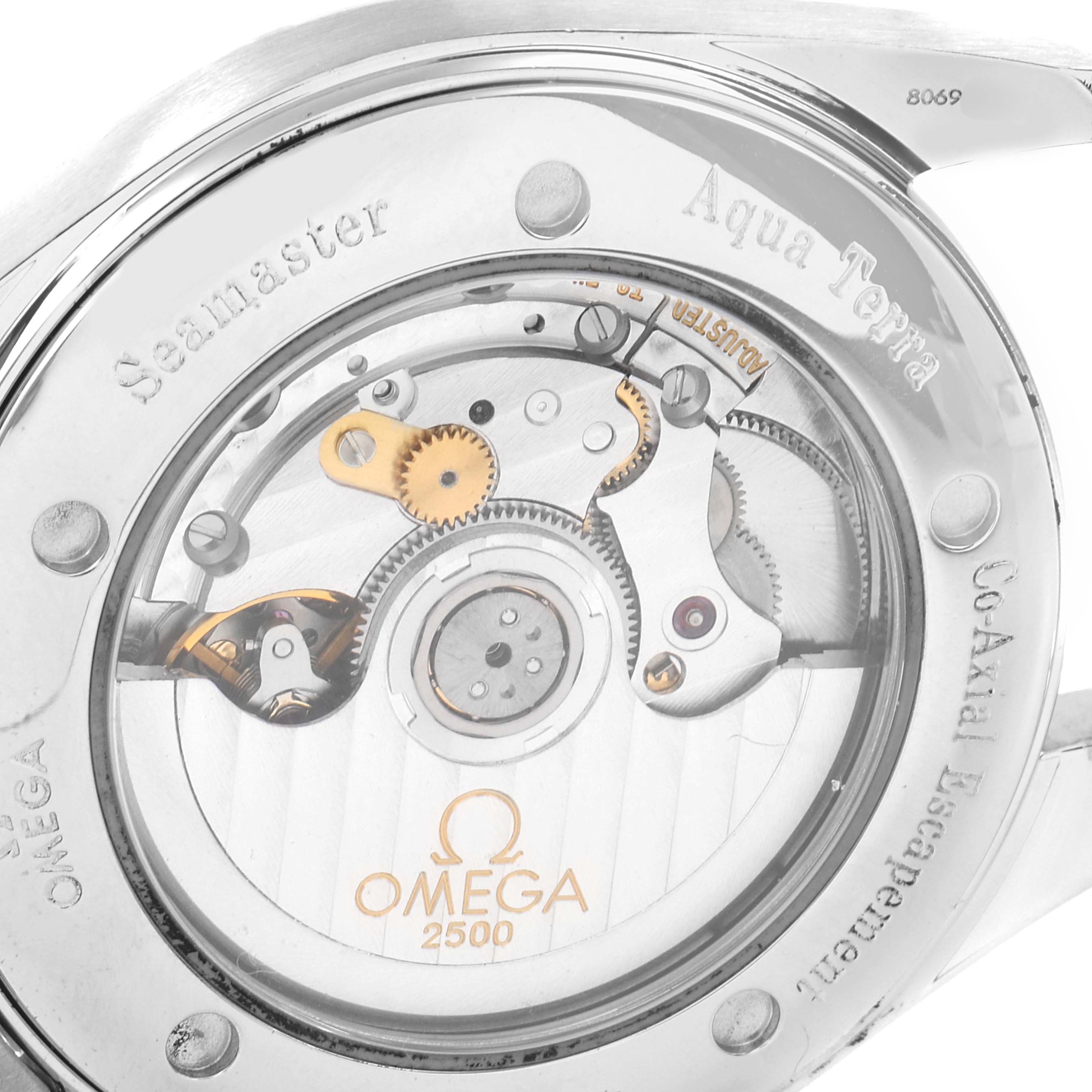 This image shows the back view of the Omega Aqua Terra 2503.34.00 Men's Stainless Steel Silver Dial 2503.34.00 Men's Stainless Steel Silver Dial's movement and internal components.