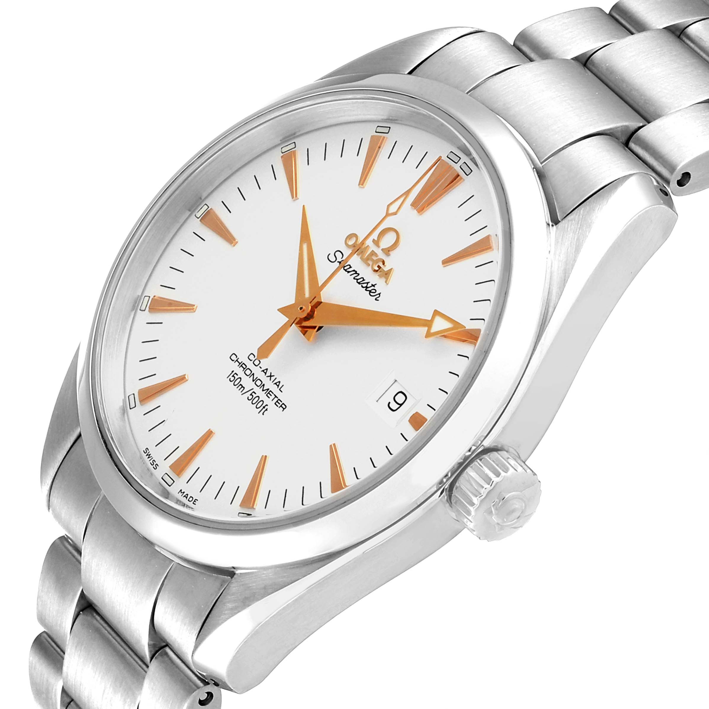 The Omega Aqua Terra 2503.34.00 Men's Stainless Steel Silver Dial 2503.34.00 Men's Stainless Steel Silver Dial model watch is shown at a slight angle, displaying its face, bezel, crown, and bracelet.