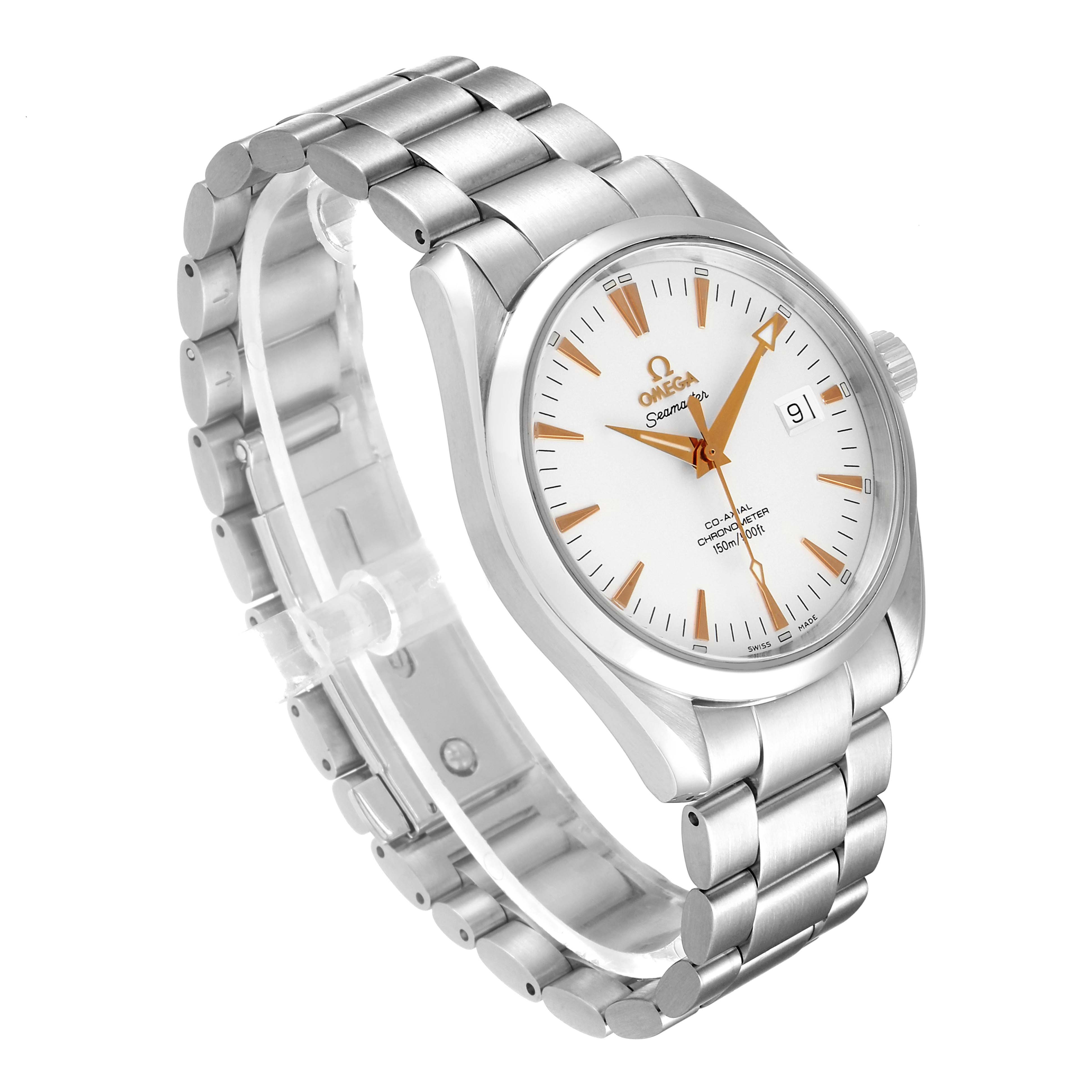 The image shows an Omega Aqua Terra 2503.34.00 Men's Stainless Steel Silver Dial 2503.34.00 Men's Stainless Steel Silver Dial watch at a three-quarter angle, displaying its face, crown, and metal bracelet.