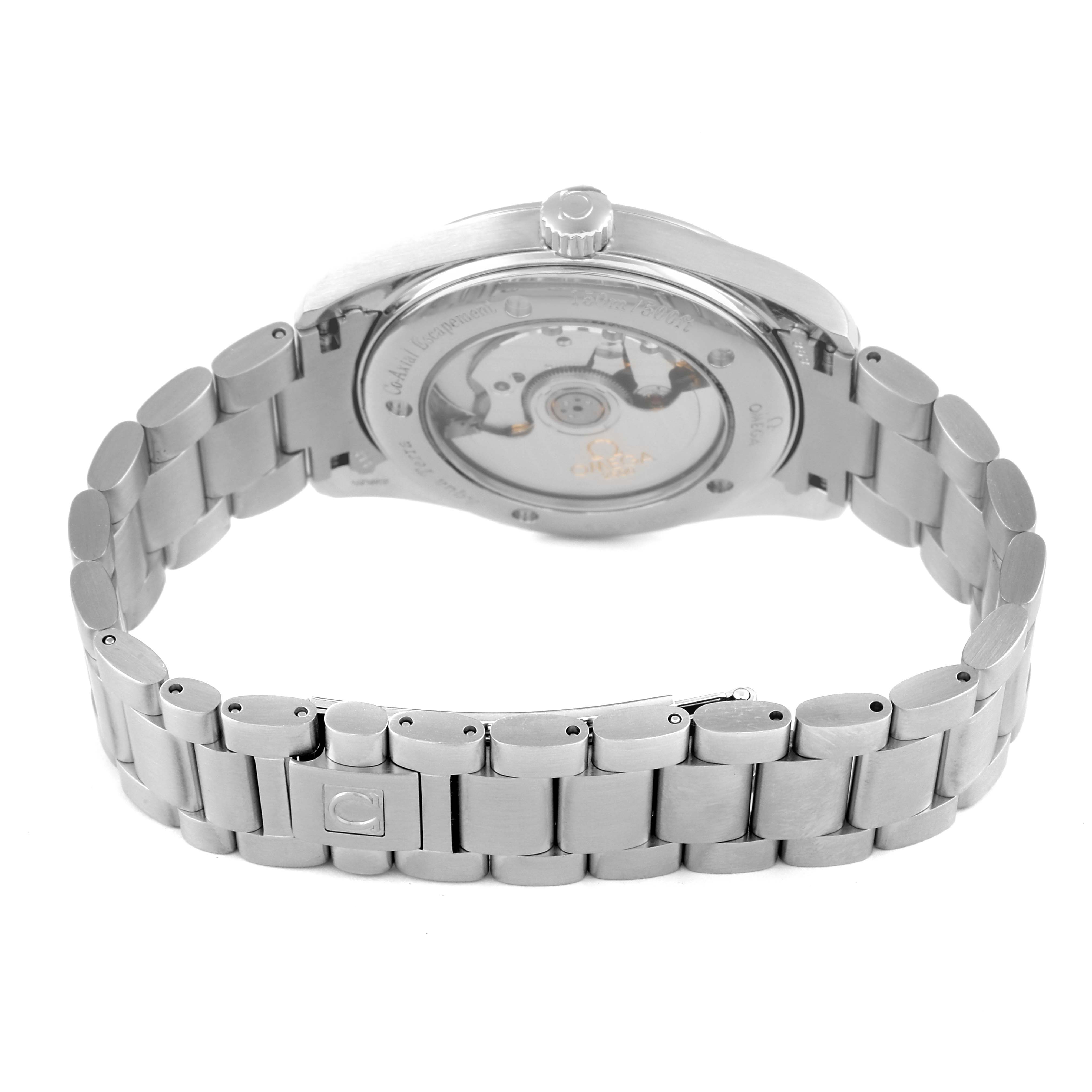 This image shows the back view of the Omega Aqua Terra 2503.34.00 Men's Stainless Steel Silver Dial 2503.34.00 Men's Stainless Steel Silver Dial watch, highlighting the transparent case back and stainless steel bracelet.