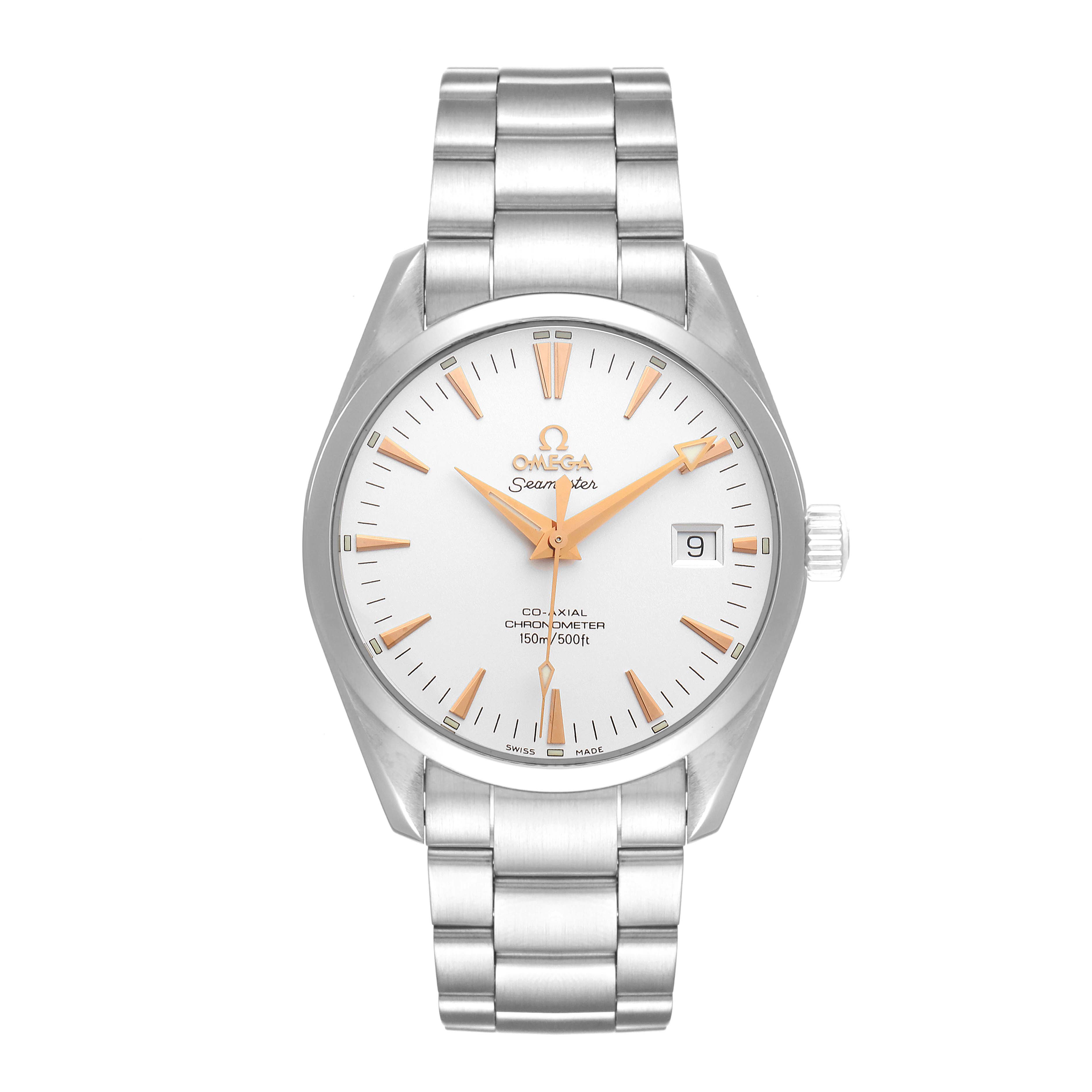The image shows a front view of an Omega Aqua Terra 2503.34.00 Men's Stainless Steel Silver Dial 2503.34.00 Men's Stainless Steel Silver Dial watch, including the dial, hands, date display, and stainless steel bracelet.