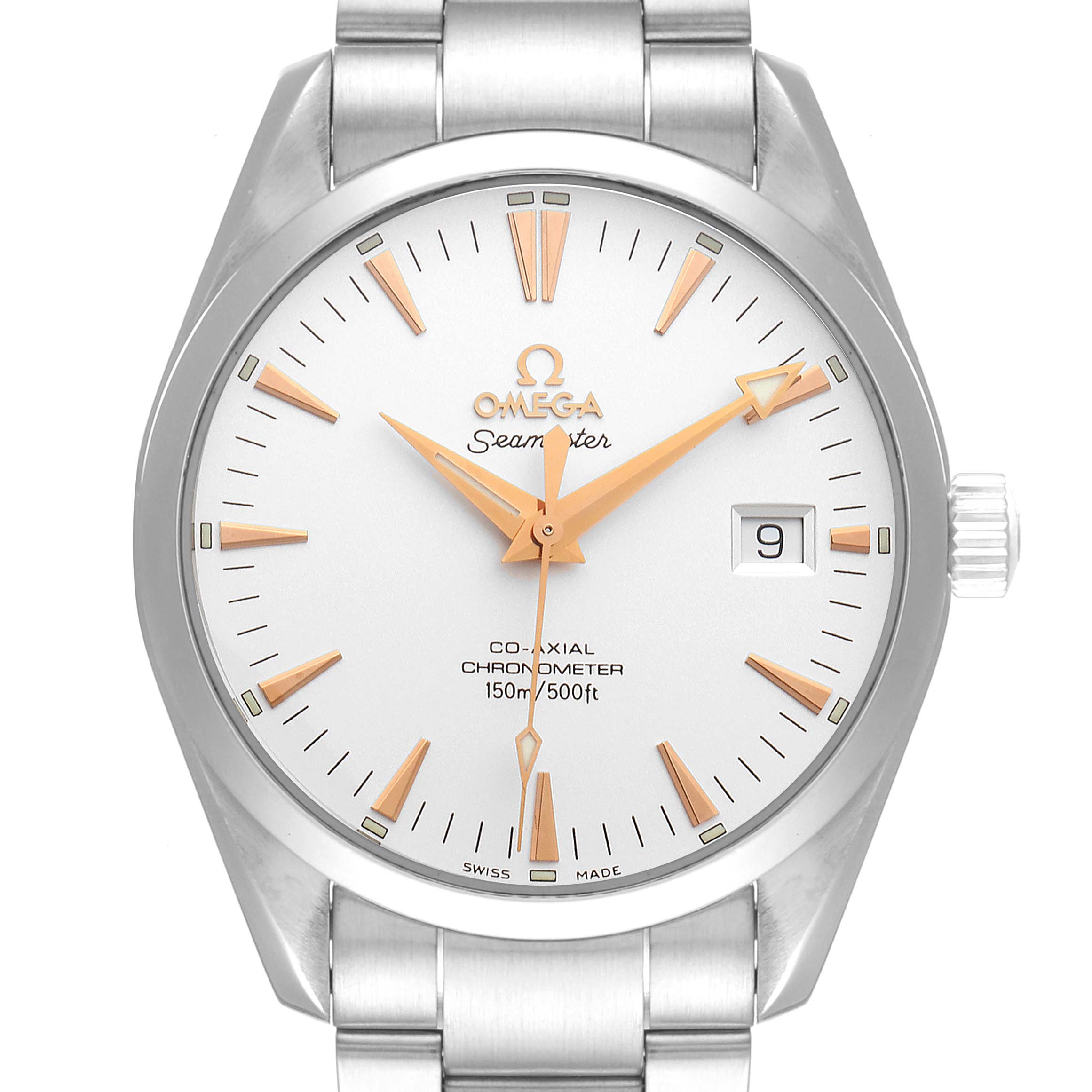 This image shows a front view of the Omega Aqua Terra 2503.34.00 Men's Stainless Steel Silver Dial 2503.34.00 Men's Stainless Steel Silver Dial model, focusing on its dial, hands, date window, and part of the bracelet.