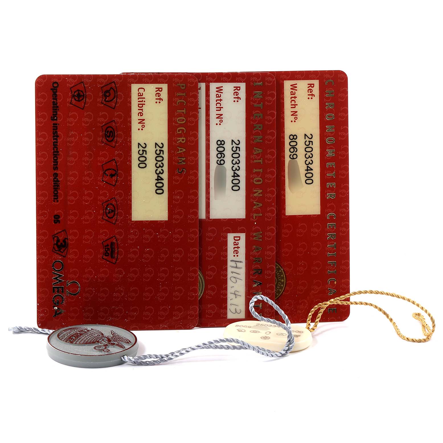 The image shows warranty and certification cards along with tags for the Omega Aqua Terra 2503.34.00 Men's Stainless Steel Silver Dial 2503.34.00 Men's Stainless Steel Silver Dial watch model.