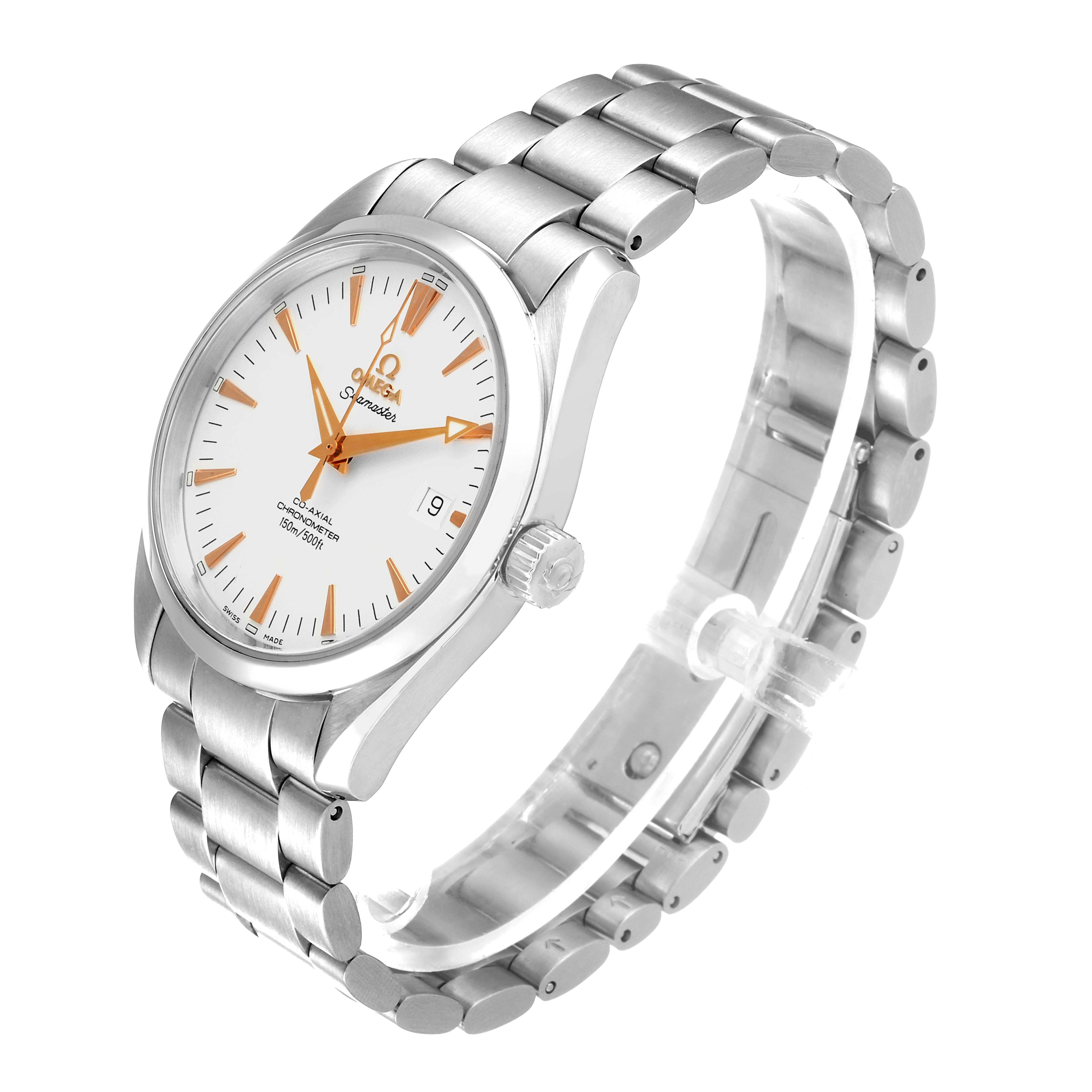 The image showcases the Omega Aqua Terra 2503.34.00 Men's Stainless Steel Silver Dial 2503.34.00 Men's Stainless Steel Silver Dial watch at a three-quarter angle, highlighting its face, crown, and bracelet.