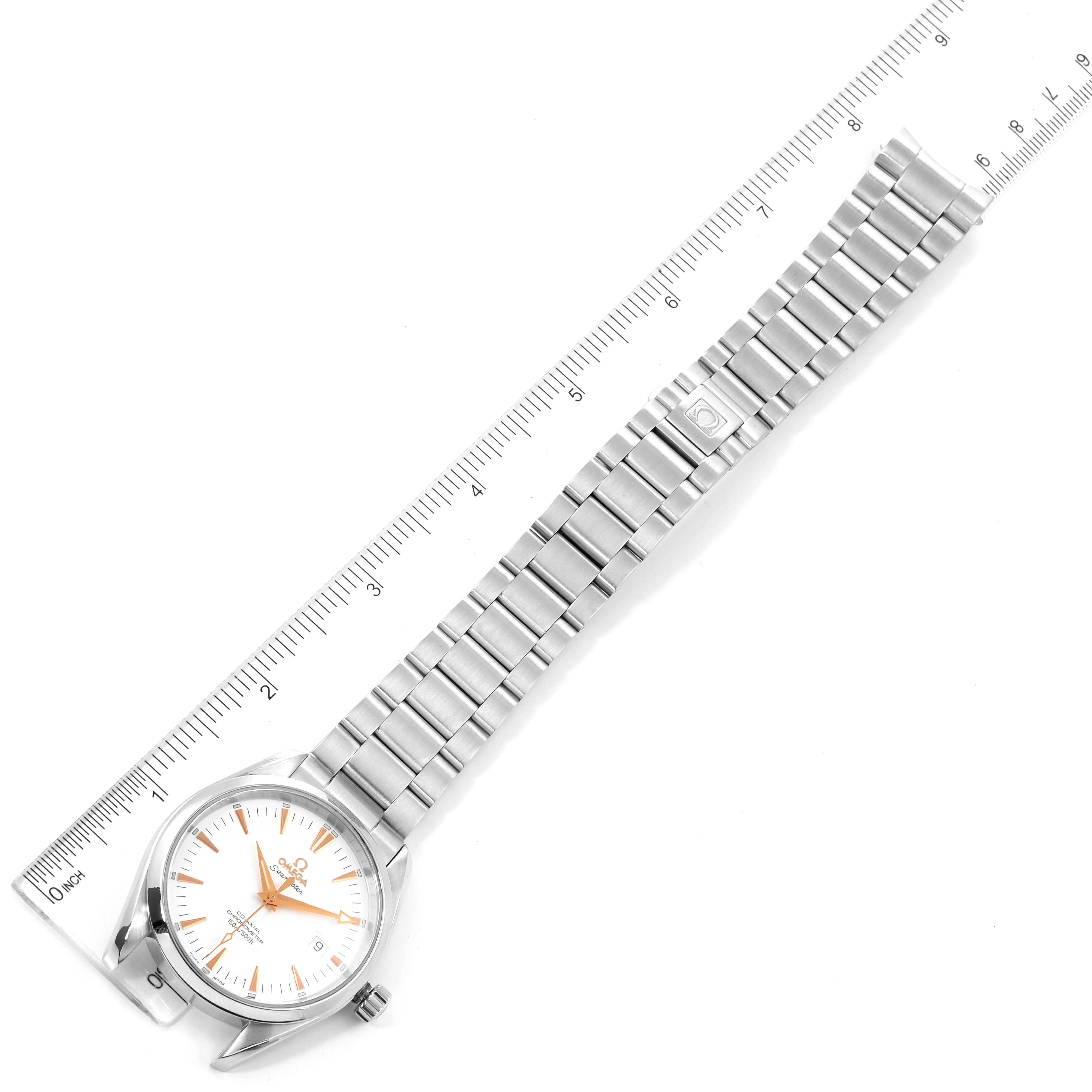 The Omega Aqua Terra 2503.34.00 Men's Stainless Steel Silver Dial 2503.34.00 Men's Stainless Steel Silver Dial watch is shown from an overhead angle, displaying the full length of its strap and the face with a ruler for measurement.