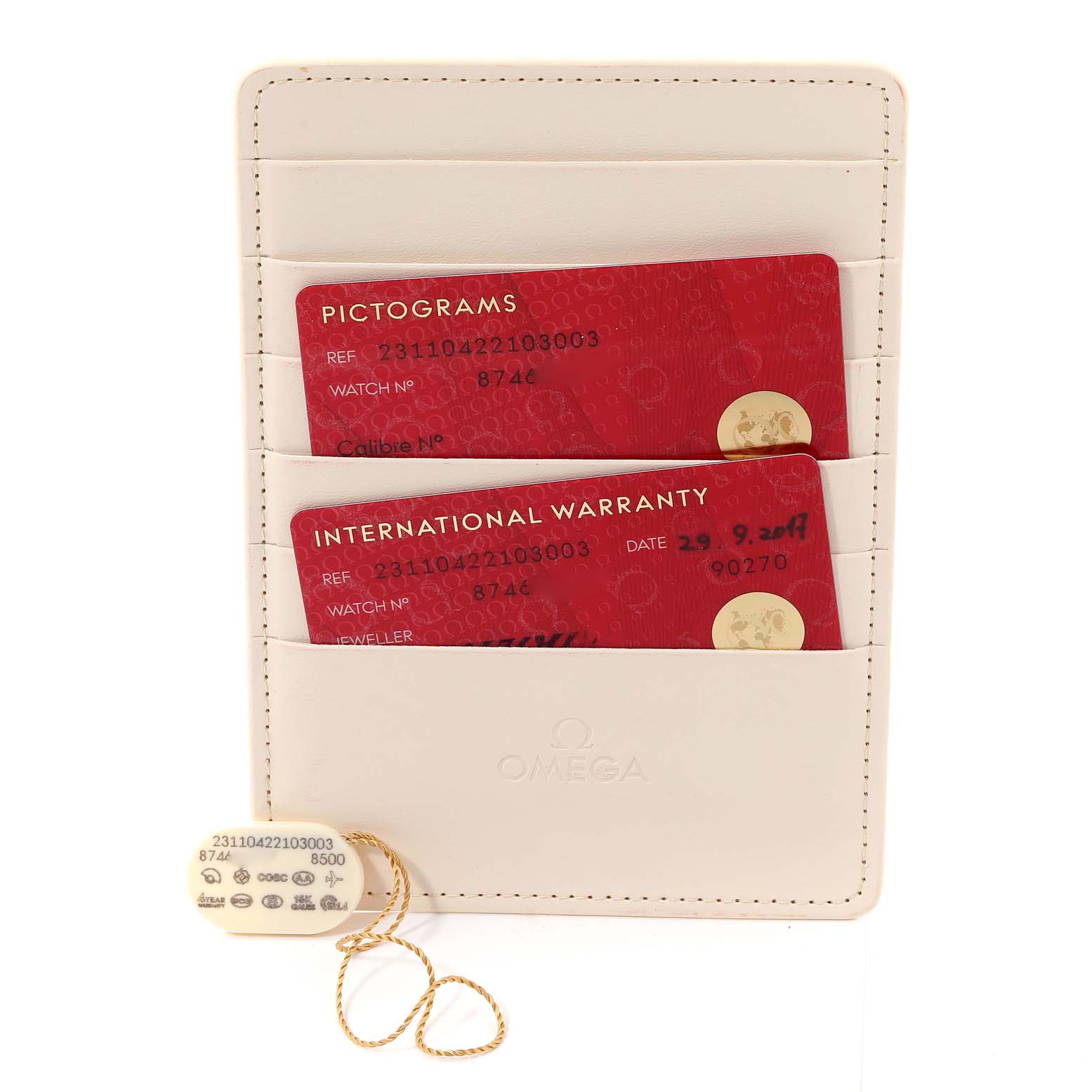 This image shows the warranty cards and tags for the Omega Aqua Terra 231.10.42.21.03.003 Men
s Stainless Steel Blue Dial 231.10.42.21.03.003 Men
s Stainless Steel Blue Dial model, placed in a beige card holder.