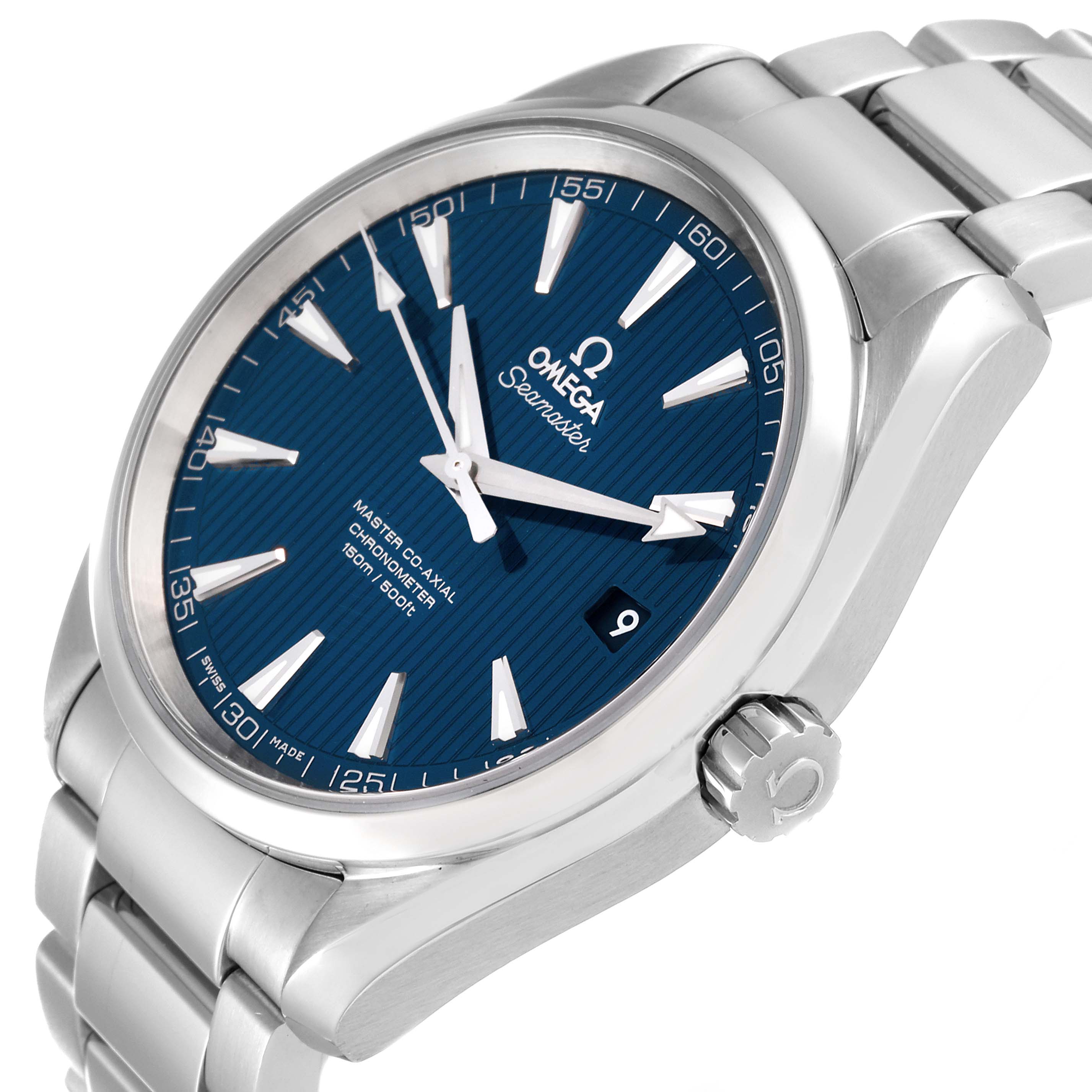 The Omega Aqua Terra 231.10.42.21.03.003 Men
s Stainless Steel Blue Dial 231.10.42.21.03.003 Men
s Stainless Steel Blue Dial watch is shown at a slight angle, highlighting its blue dial, silver hands, and stainless steel bracelet.