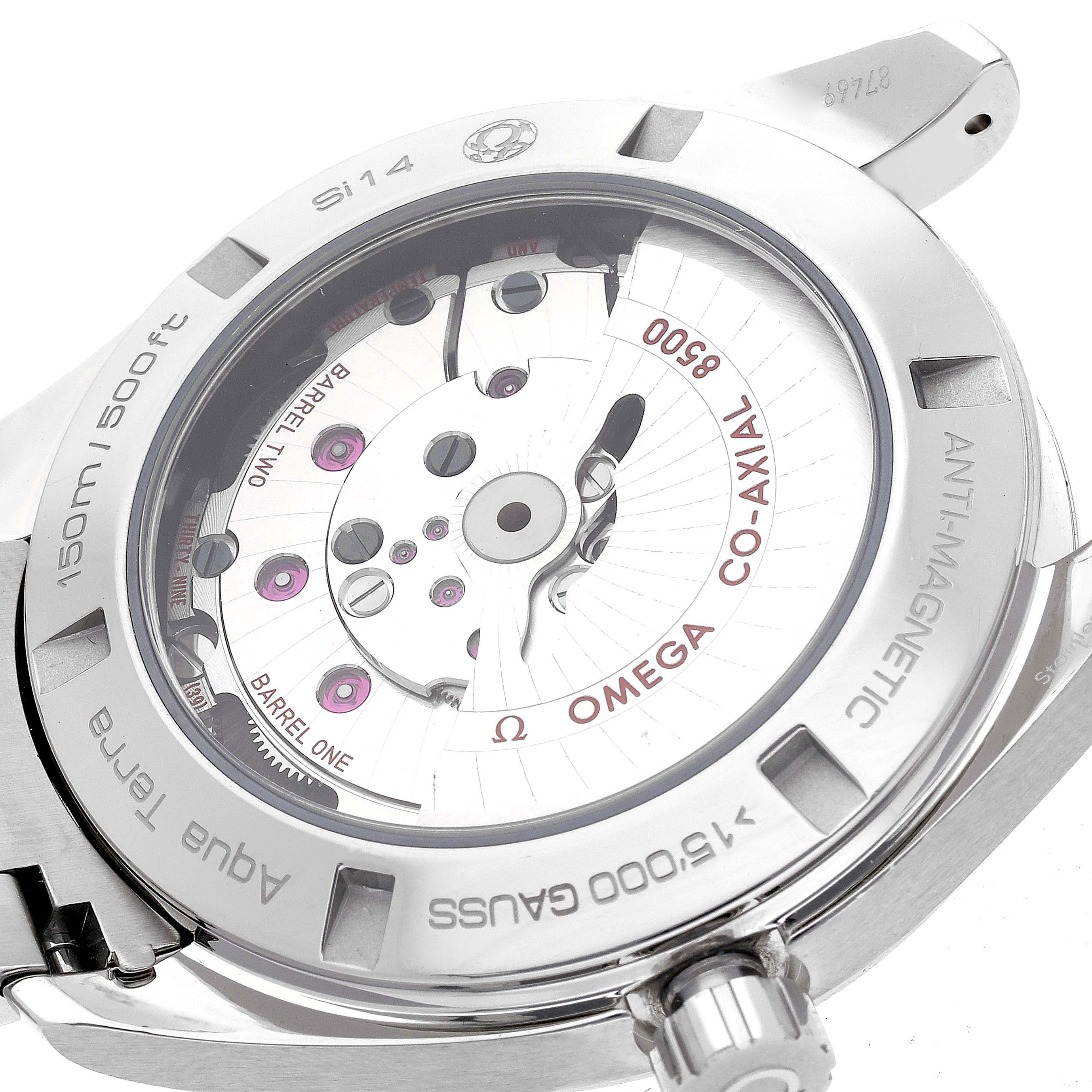 The image shows the back case of the Omega Aqua Terra 231.10.42.21.03.003 Men
s Stainless Steel Blue Dial 231.10.42.21.03.003 Men
s Stainless Steel Blue Dial watch, revealing the Co-Axial 8500 movement mechanism.