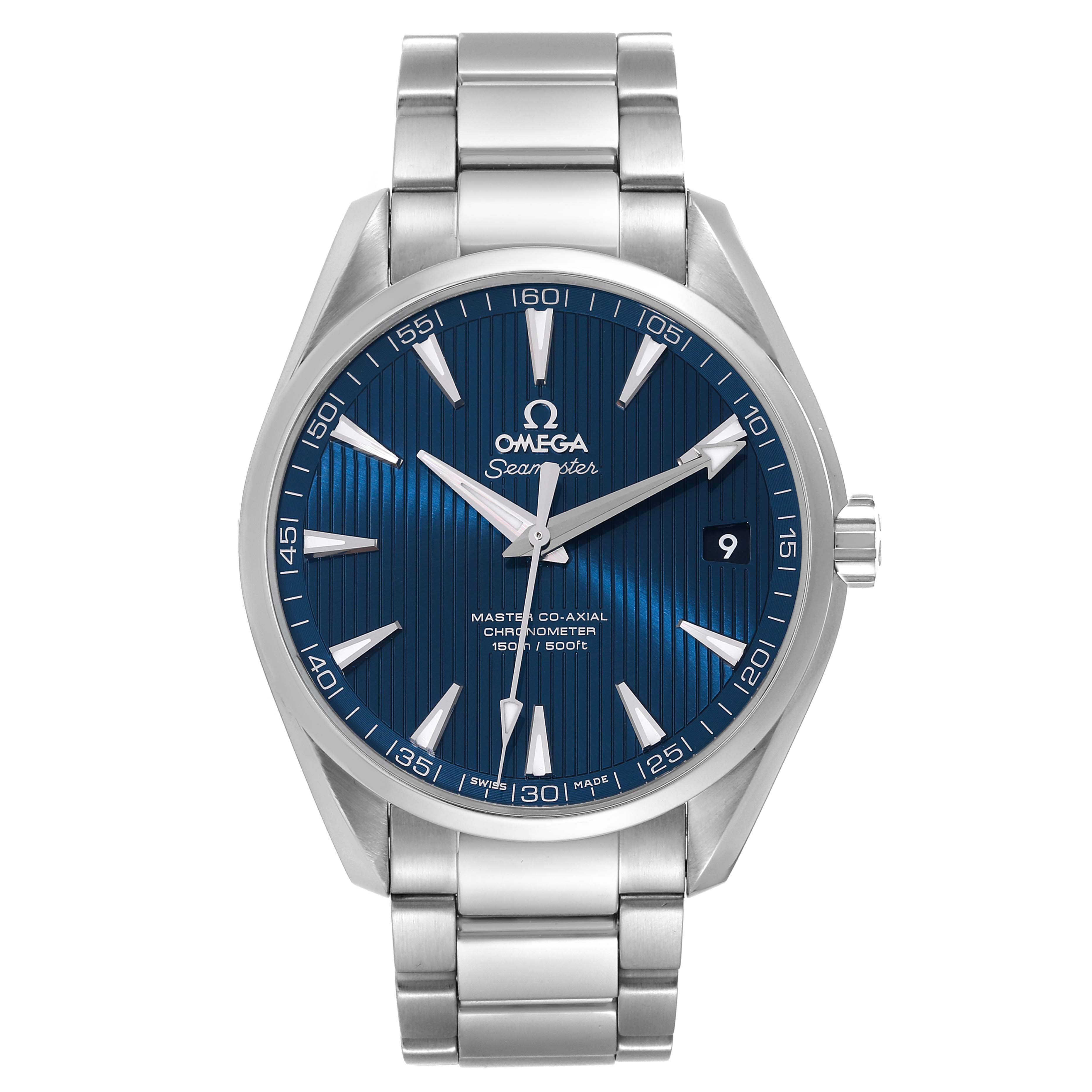 The image shows a front view of the Omega Aqua Terra 231.10.42.21.03.003 Men
s Stainless Steel Blue Dial 231.10.42.21.03.003 Men
s Stainless Steel Blue Dial with a blue dial, stainless steel bracelet, date window, and silver indices.