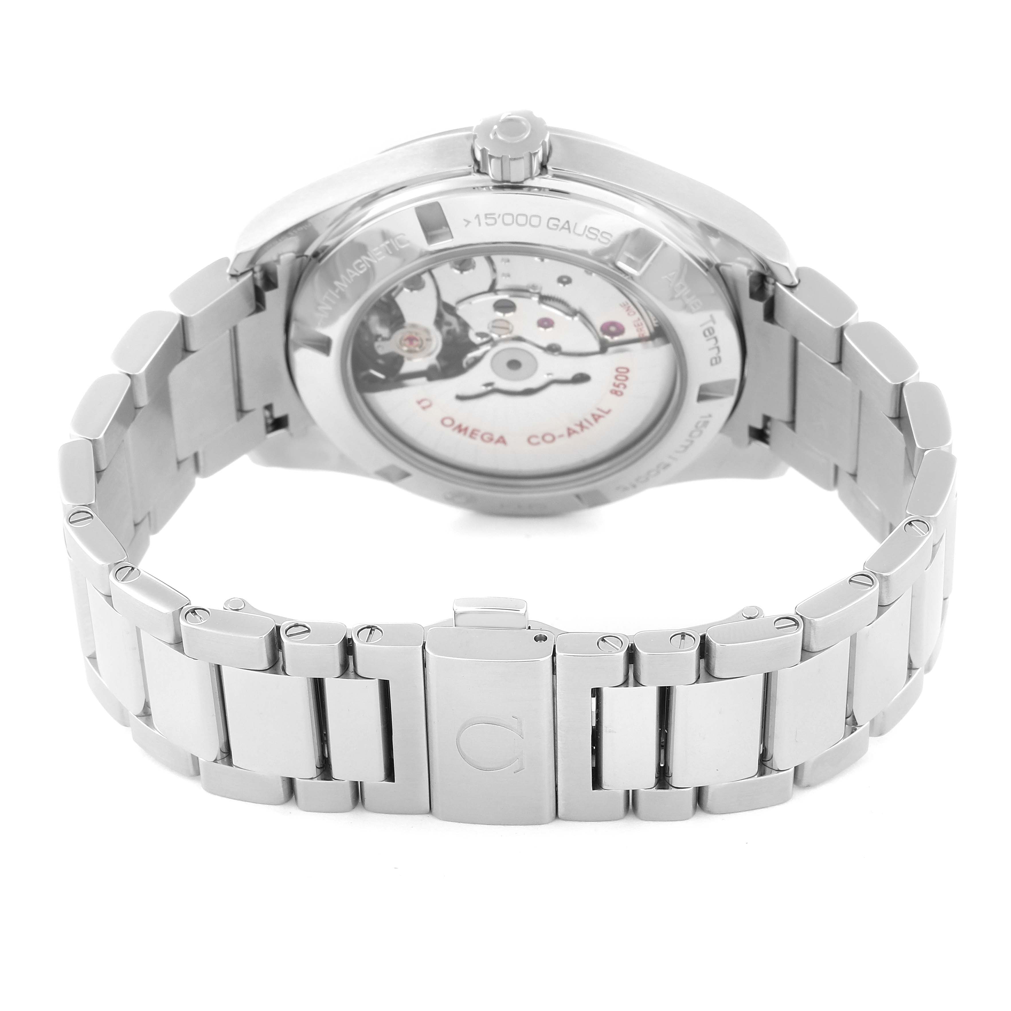 The image shows the back view of the Omega Aqua Terra 231.10.42.21.03.003 Men
s Stainless Steel Blue Dial 231.10.42.21.03.003 Men
s Stainless Steel Blue Dial watch, highlighting the stainless steel bracelet and the transparent case back.