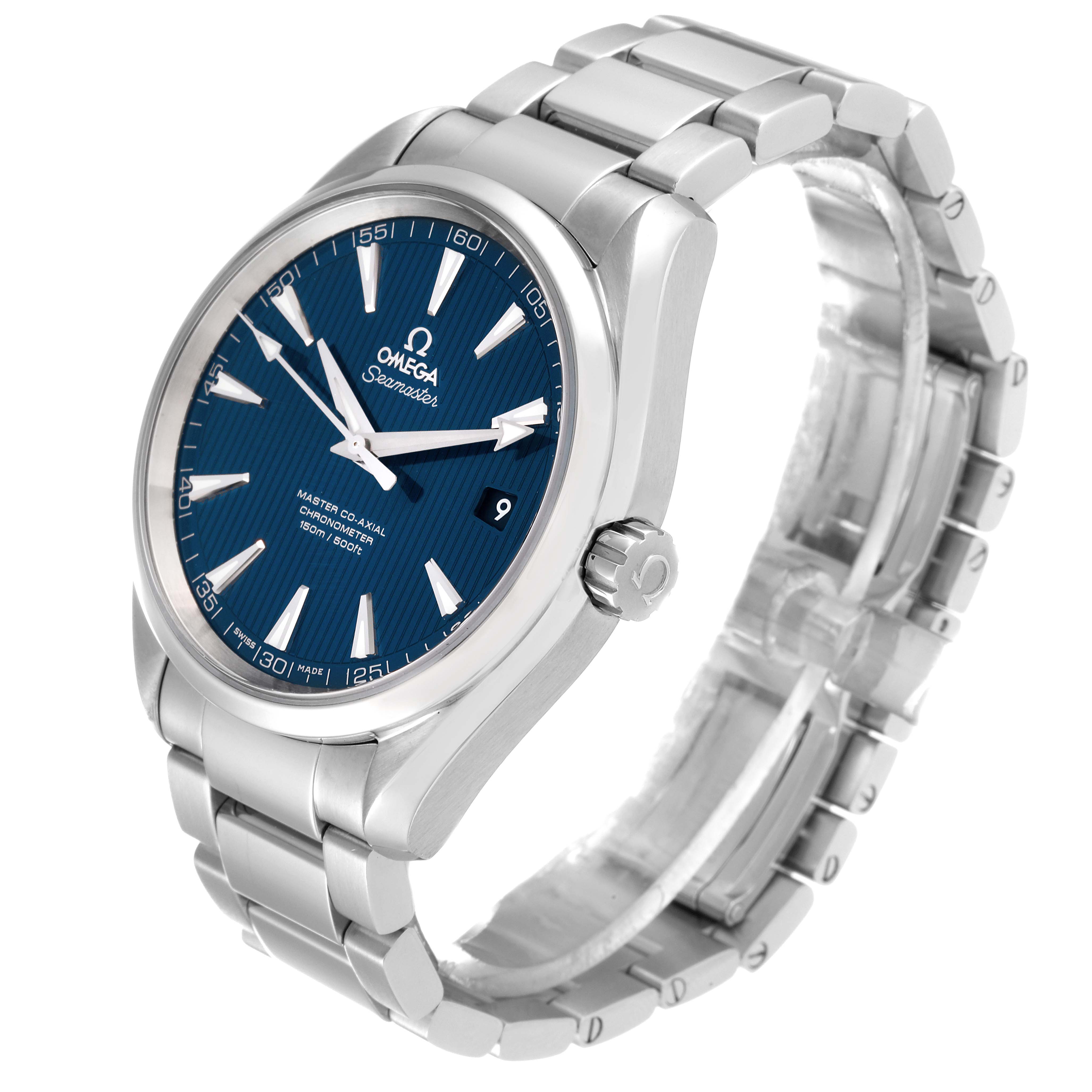 The image shows an Omega Aqua Terra 231.10.42.21.03.003 Men
s Stainless Steel Blue Dial 231.10.42.21.03.003 Men
s Stainless Steel Blue Dial watch model at a slight angle, highlighting its blue dial and stainless steel bracelet.