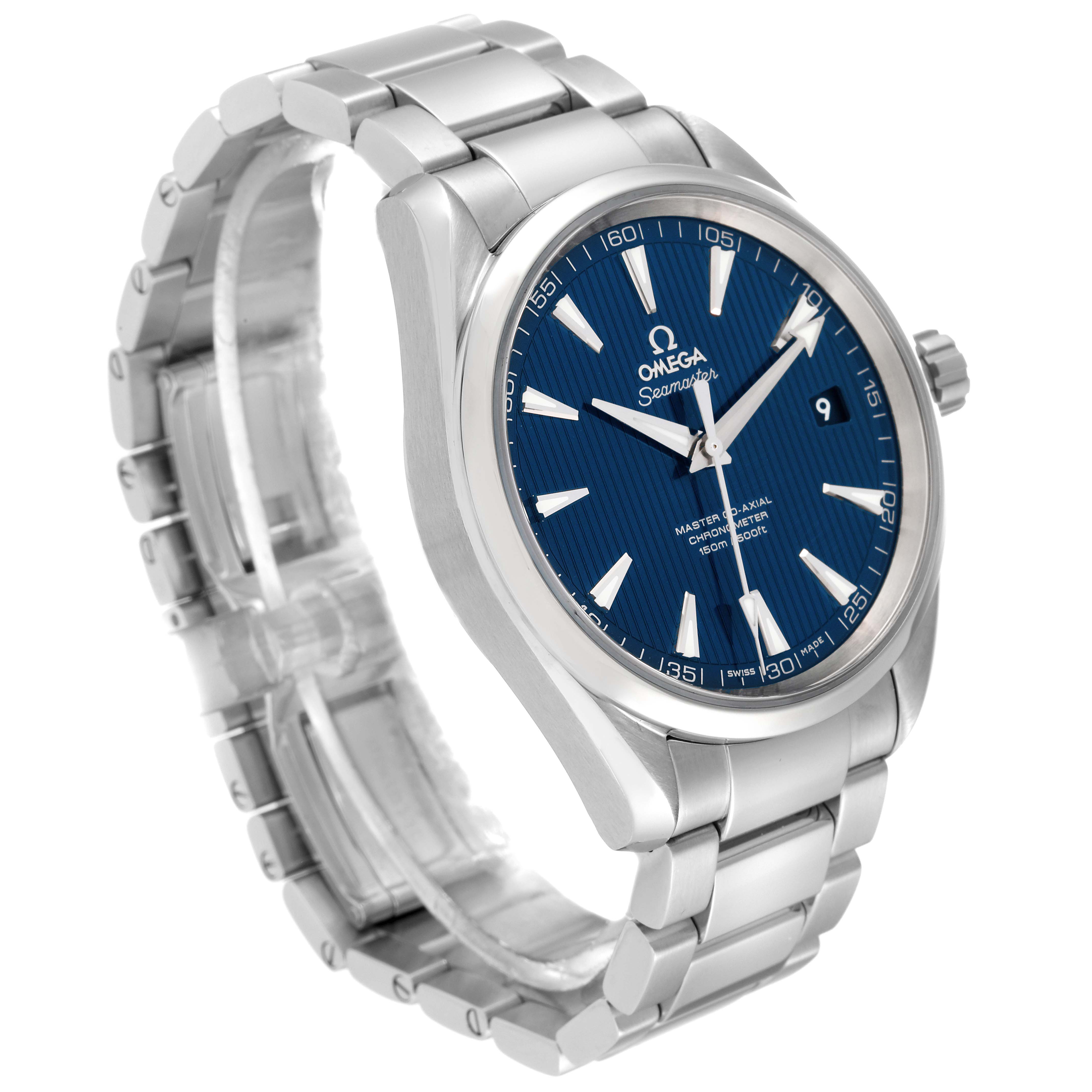 The Omega Aqua Terra 231.10.42.21.03.003 Men
s Stainless Steel Blue Dial 231.10.42.21.03.003 Men
s Stainless Steel Blue Dial watch is displayed at an angled view, showing the bracelet, crown, and blue dial with indices and date window.