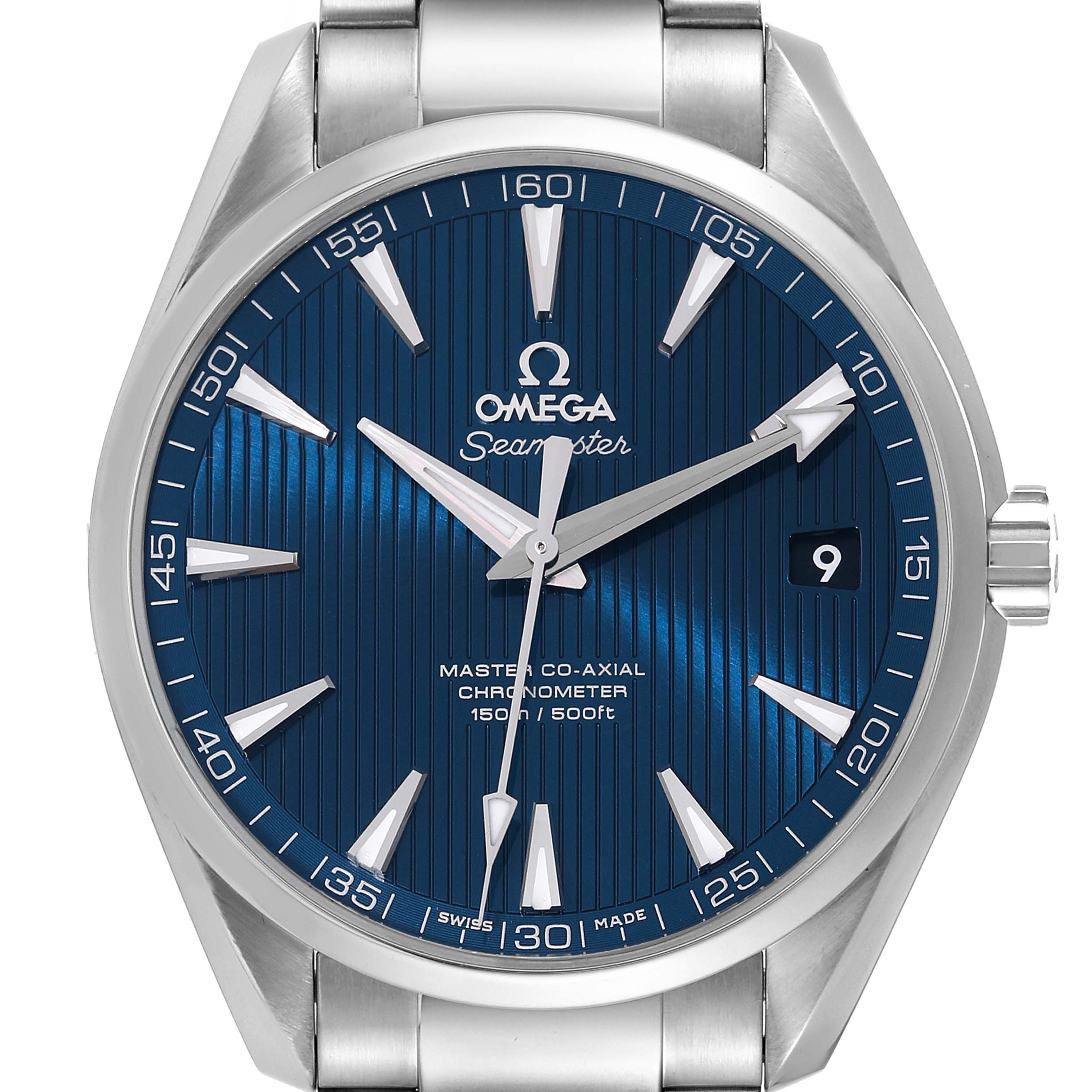 The image shows a frontal view of the Omega Aqua Terra 231.10.42.21.03.003 Men
s Stainless Steel Blue Dial 231.10.42.21.03.003 Men
s Stainless Steel Blue Dial watch, highlighting its blue dial and date window.