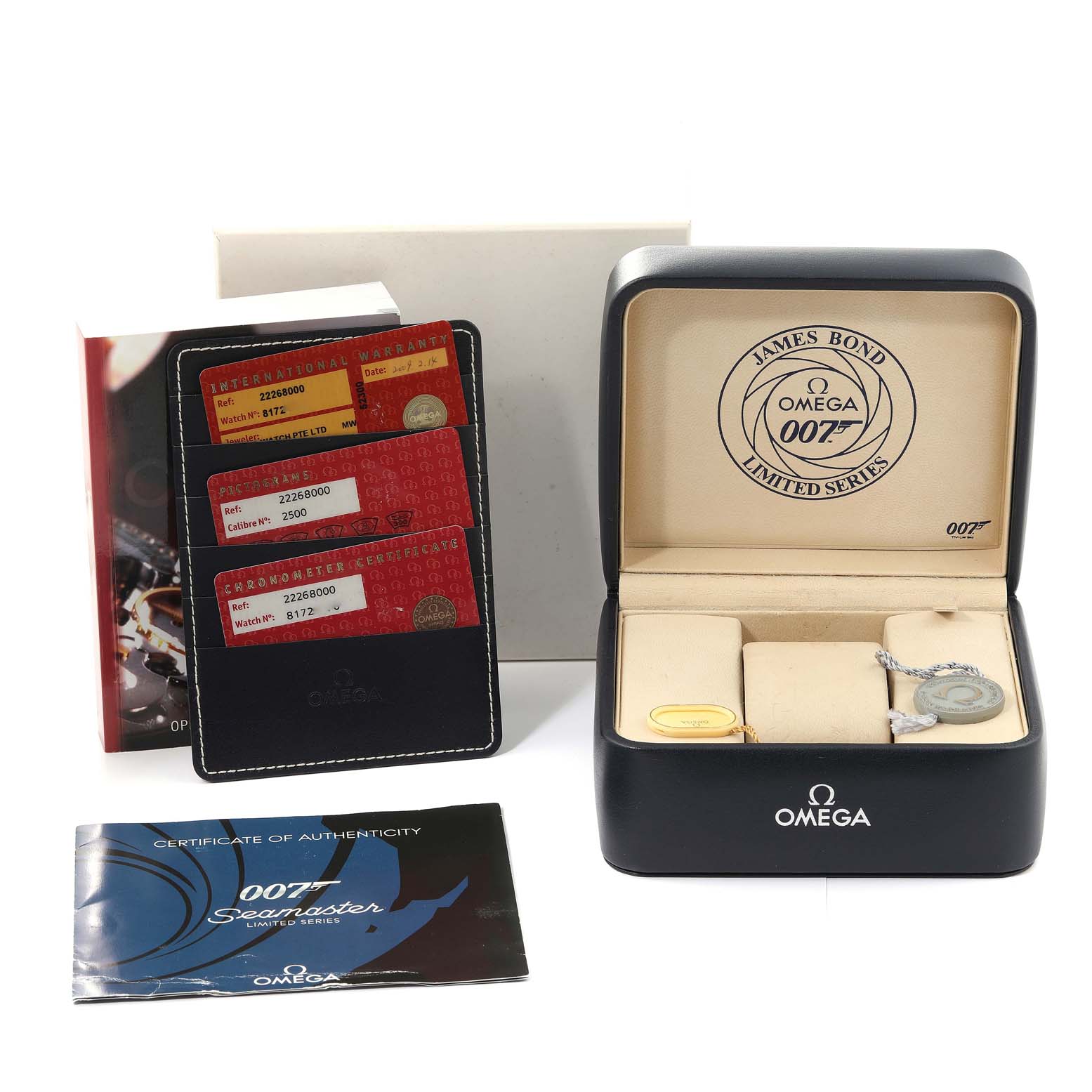 The image shows the packaging, authentication certificates, and warranty cards for an Omega Seamaster 2226.80.00 Men's Stainless Steel Blue Dial 2226.80.00 Men's Stainless Steel Blue Dial James Bond Limited Series watch.