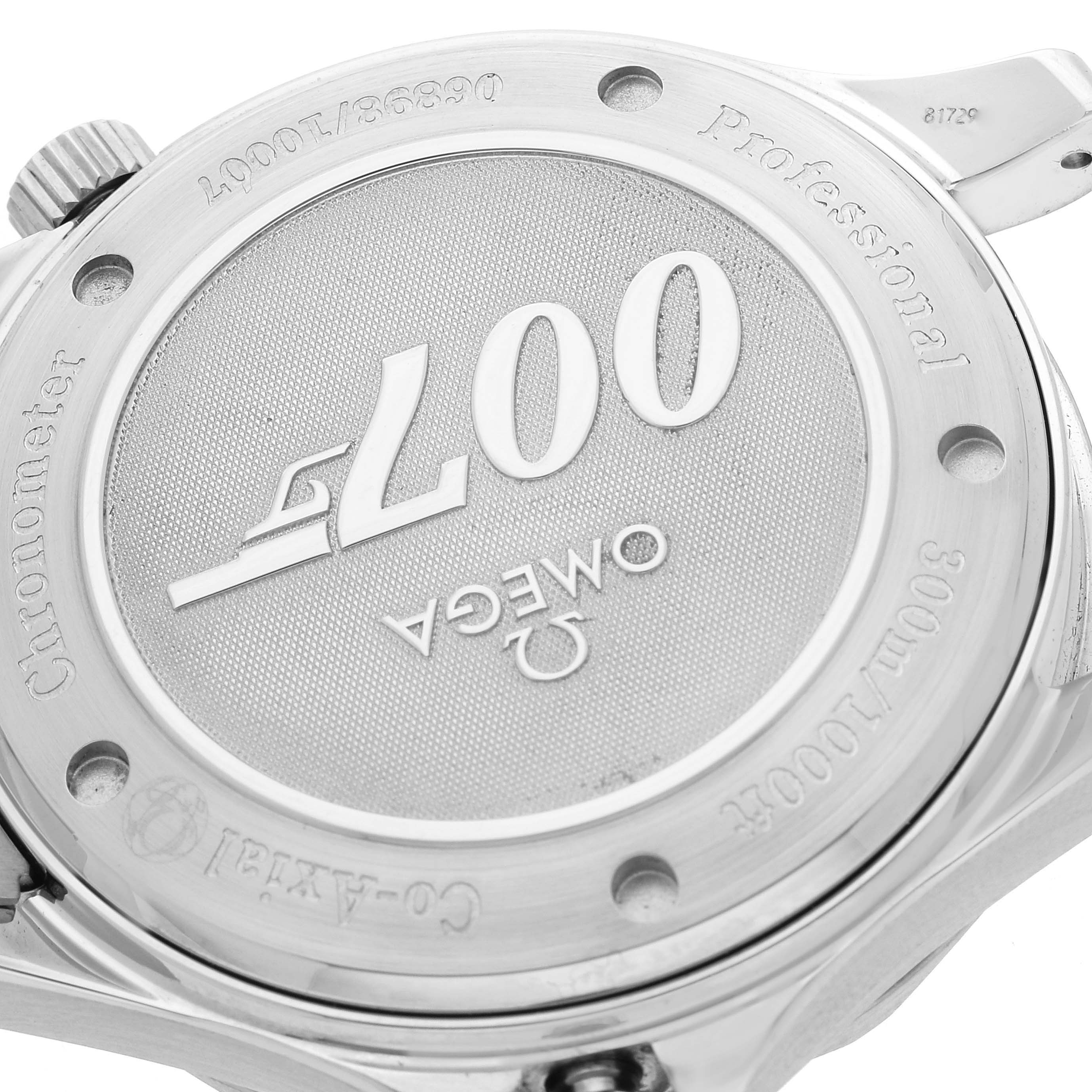 The image shows the back case of an Omega Seamaster 2226.80.00 Men's Stainless Steel Blue Dial 2226.80.00 Men's Stainless Steel Blue Dial watch, featuring the 007 logo and various engravings.