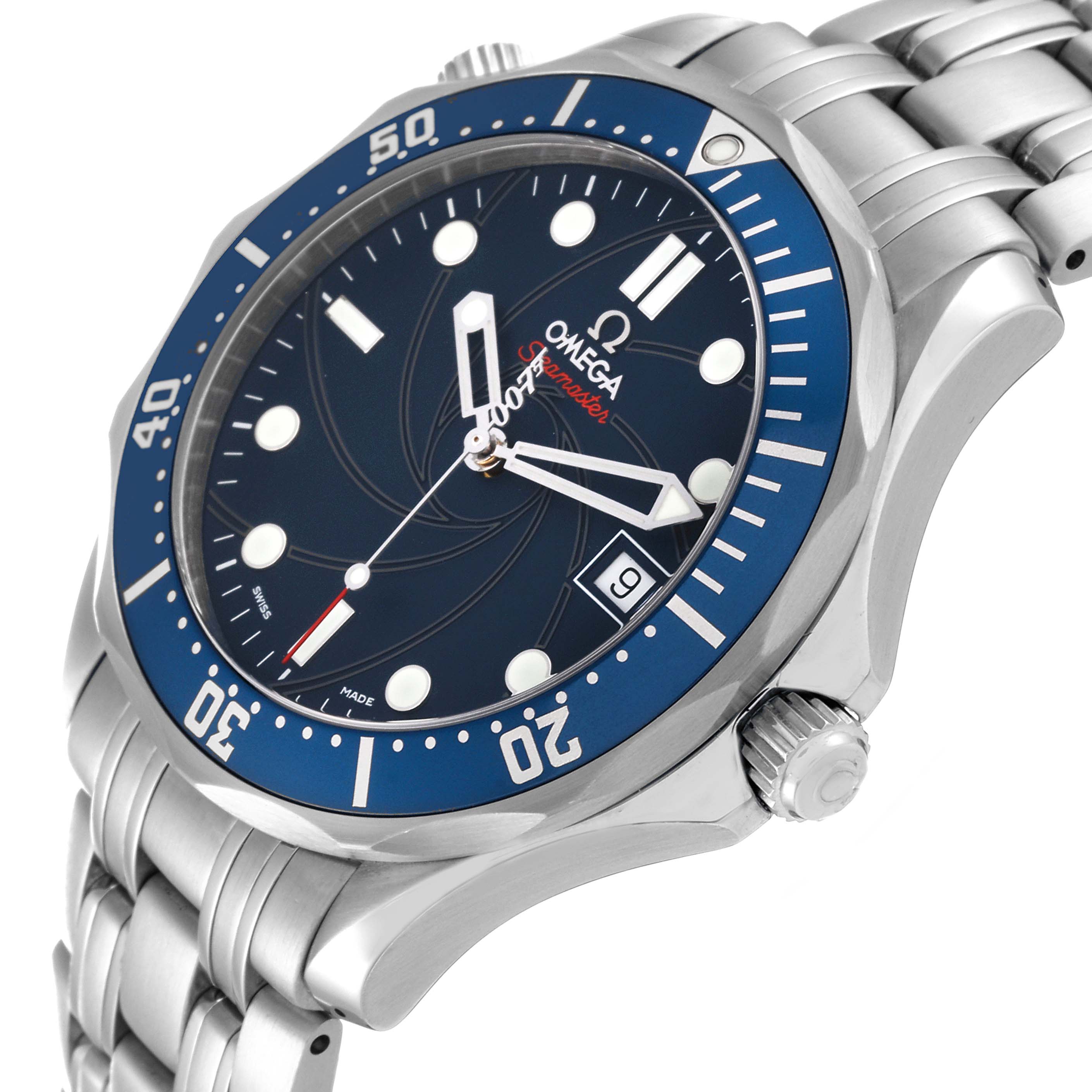 The image shows the Omega Seamaster 2226.80.00 Men's Stainless Steel Blue Dial 2226.80.00 Men's Stainless Steel Blue Dial watch from a three-quarter angle featuring its bezel, dial, crown, and bracelet.