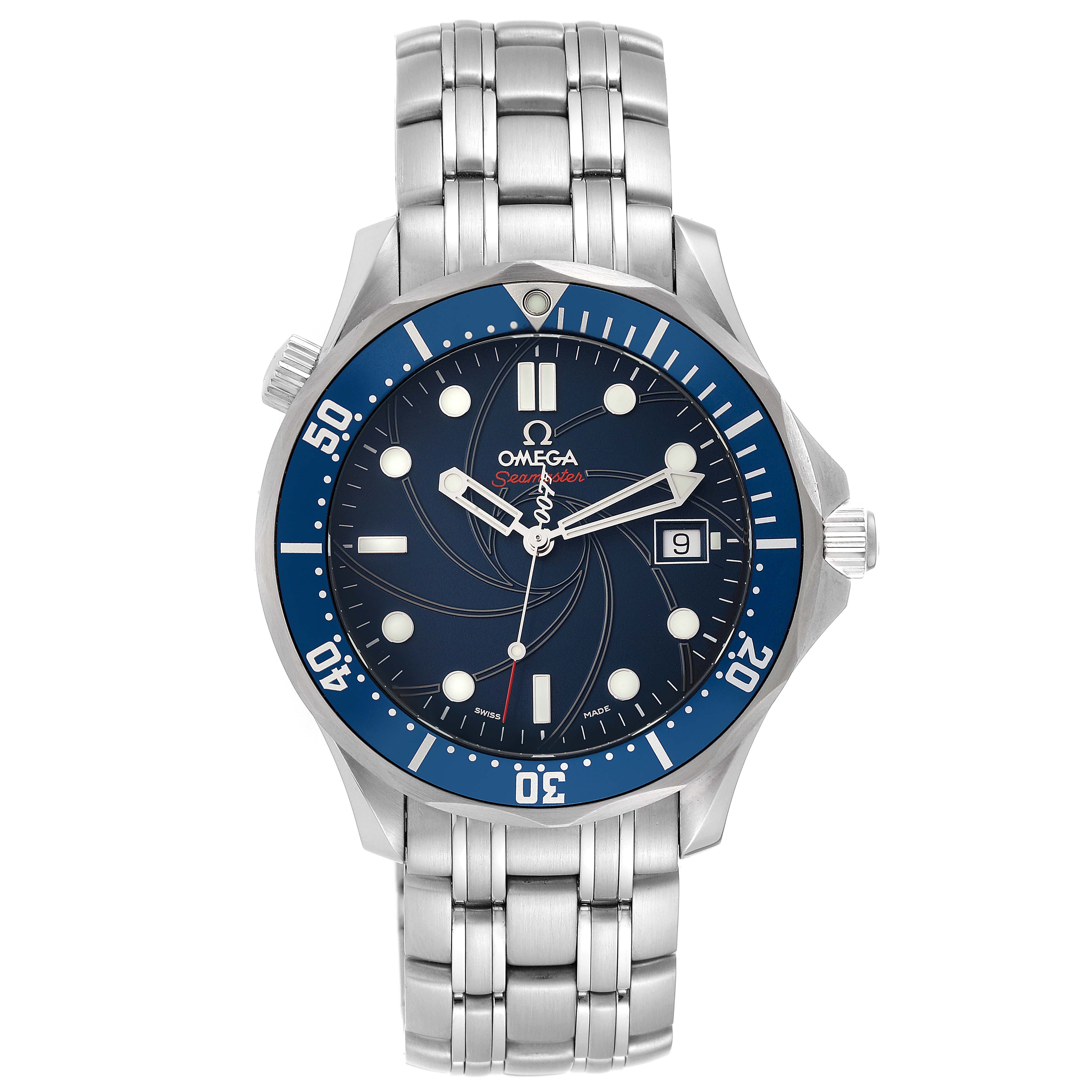 The image shows the front view of an Omega Seamaster 2226.80.00 Men's Stainless Steel Blue Dial 2226.80.00 Men's Stainless Steel Blue Dial watch, highlighting the dial, bezel, and stainless steel bracelet.