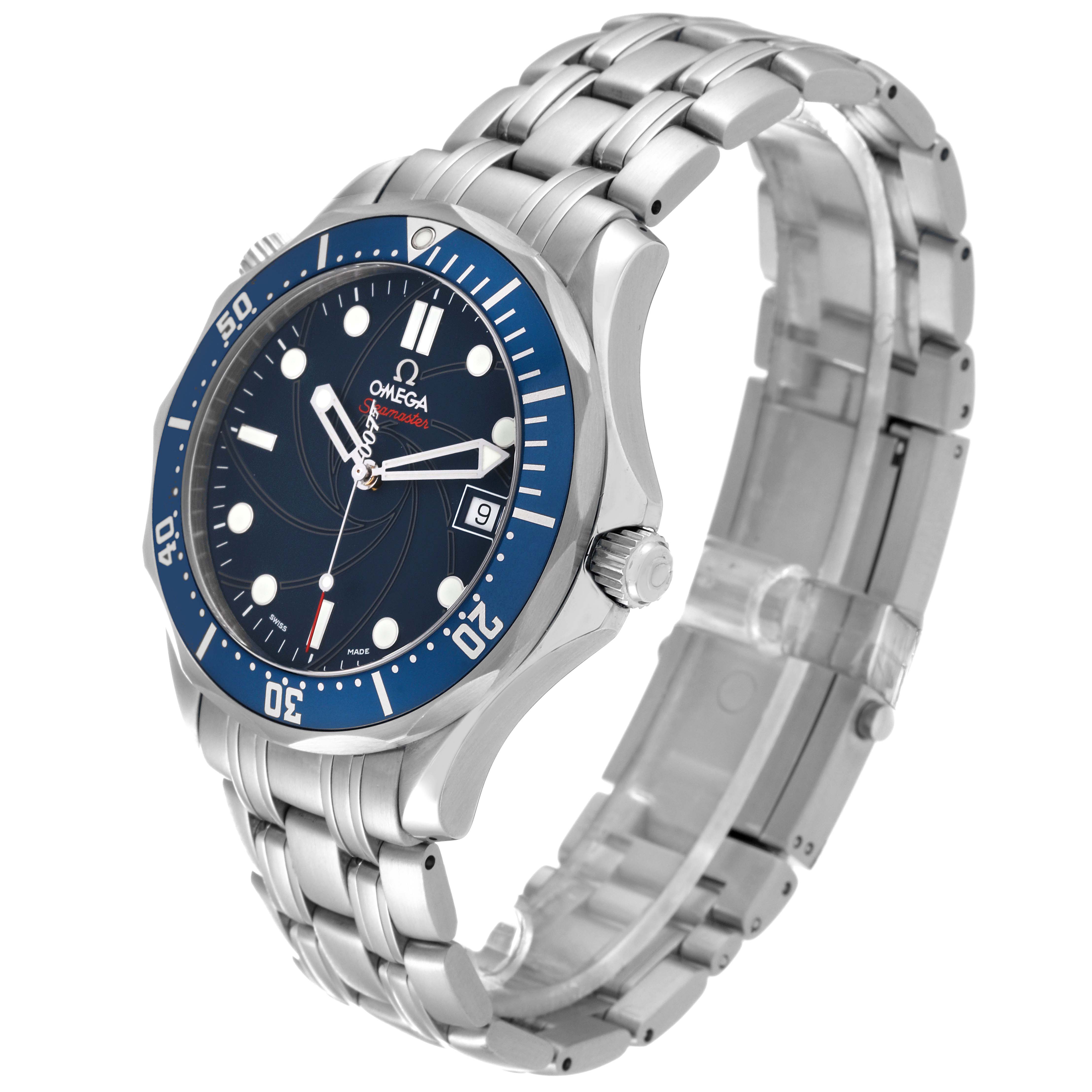 The Omega Seamaster 2226.80.00 Men's Stainless Steel Blue Dial 2226.80.00 Men's Stainless Steel Blue Dial watch is shown at a three-quarter angle, displaying the face, bezel, crown, and metal bracelet.