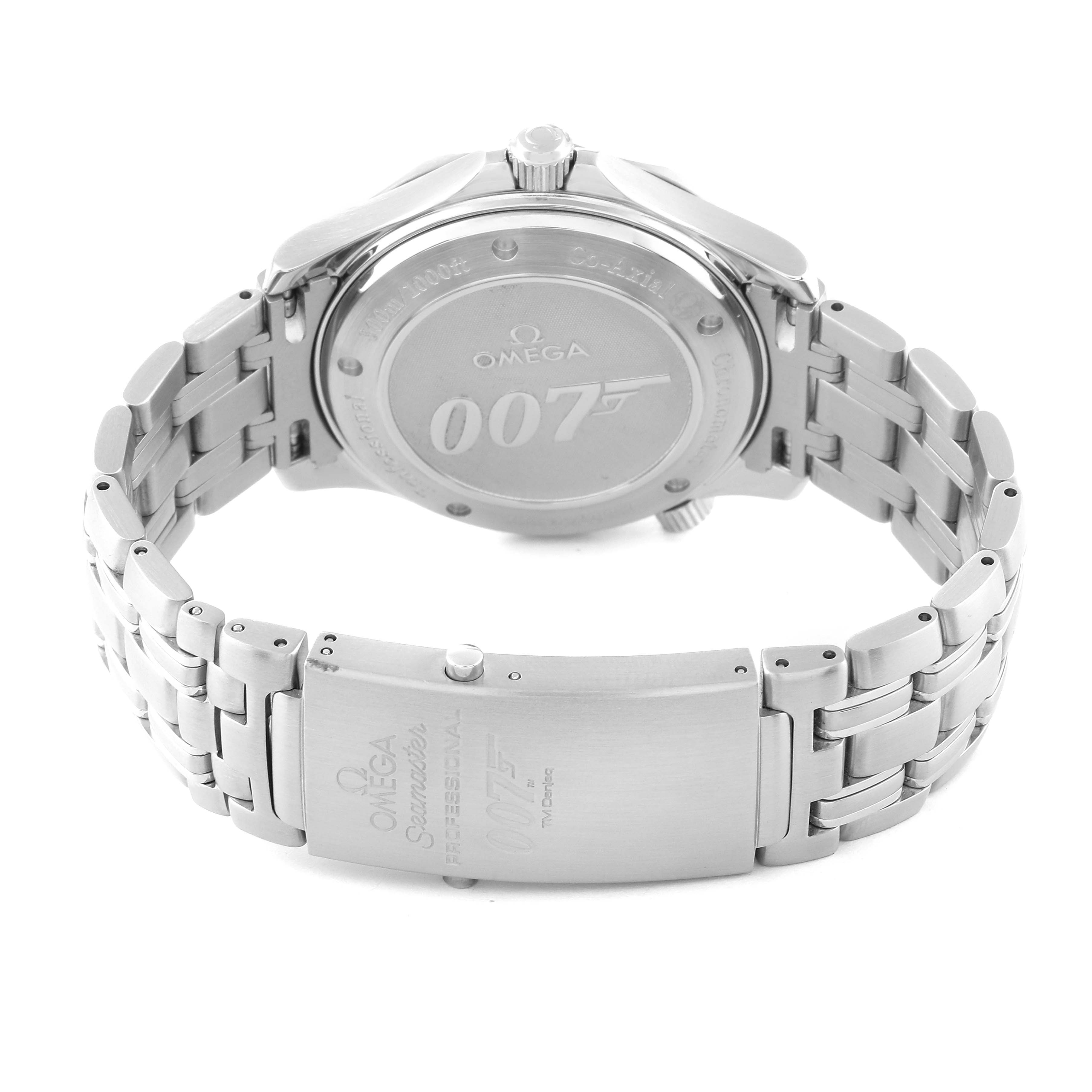 The image shows the back of the Omega Seamaster 2226.80.00 Men's Stainless Steel Blue Dial 2226.80.00 Men's Stainless Steel Blue Dial watch and its metal bracelet, highlighting the "007" engraving.