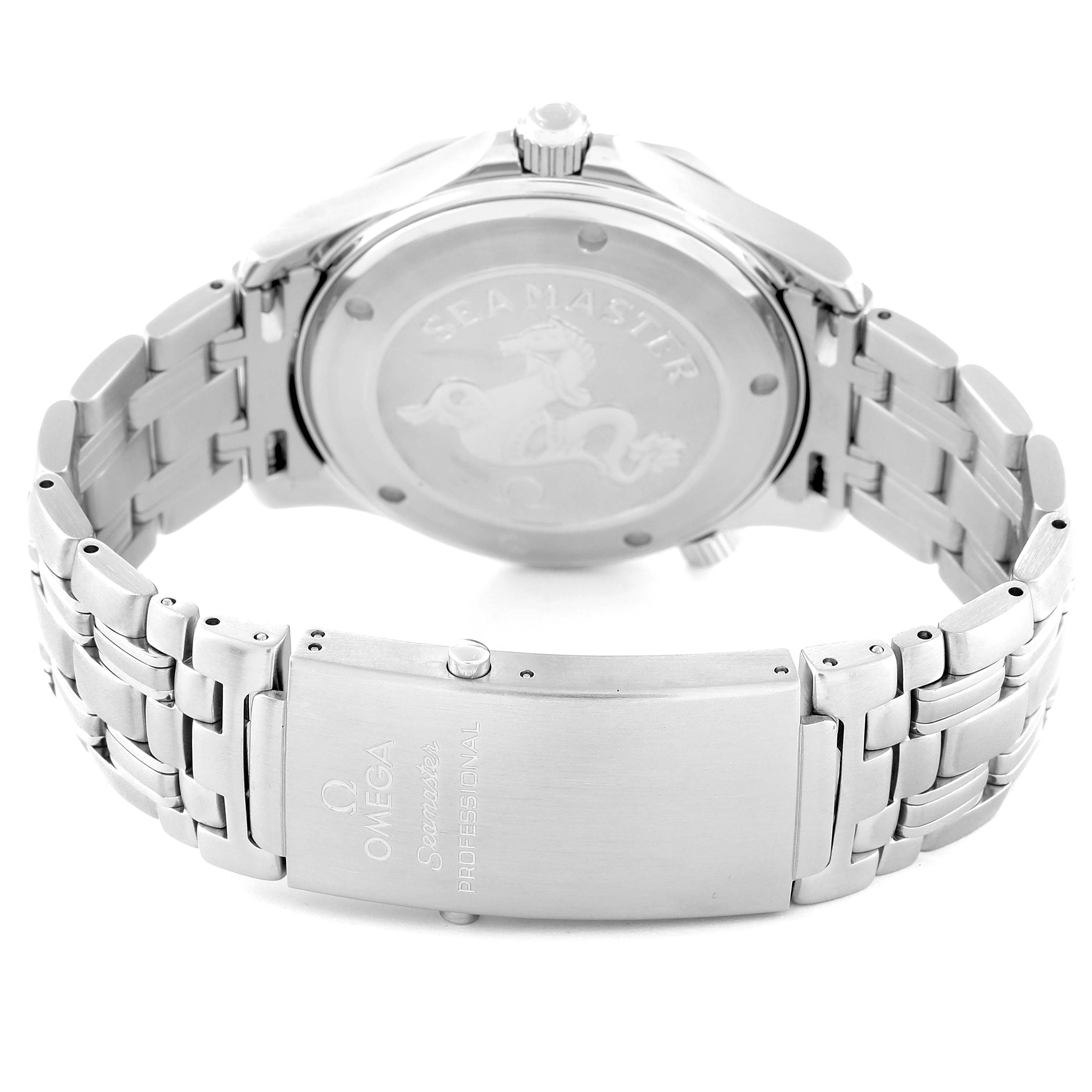 The image shows the back side and bracelet clasp of the Omega Seamaster 2221.80.00 Men
s Stainless Steel Blue Dial 2221.80.00 Men
s Stainless Steel Blue Dial watch, highlighting the engraved logo and clasp inscriptions.