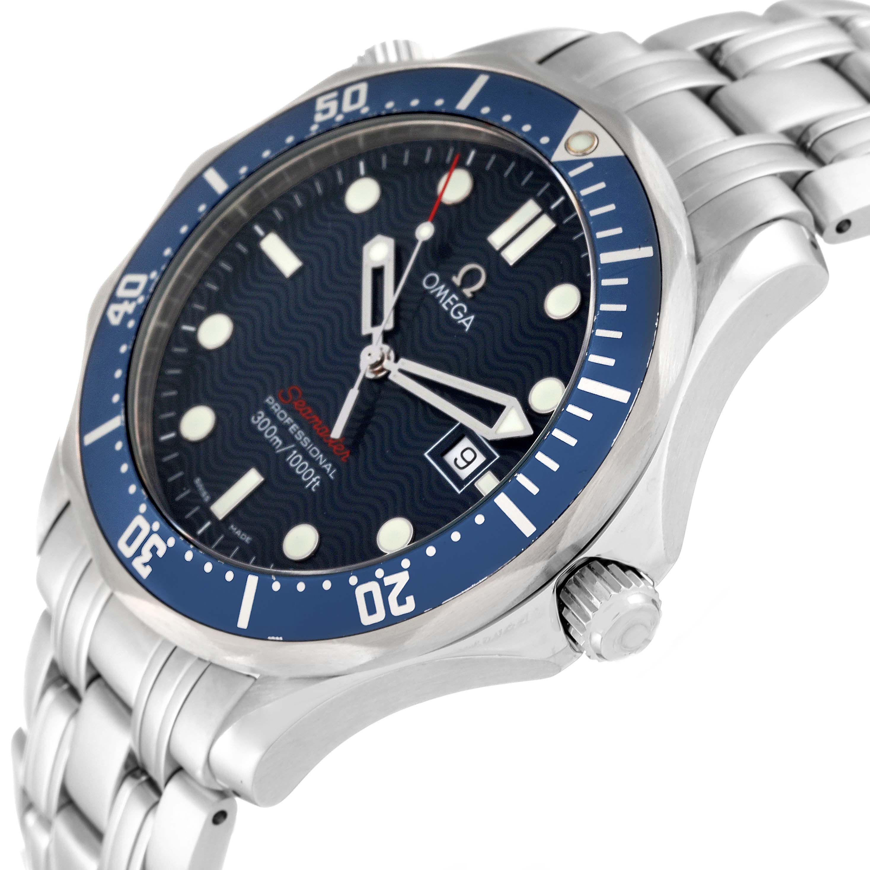 The image shows a close-up, angled view of the Omega Seamaster 2221.80.00 Men
s Stainless Steel Blue Dial 2221.80.00 Men
s Stainless Steel Blue Dial, showcasing the dial, bezel, crown, and part of the bracelet.