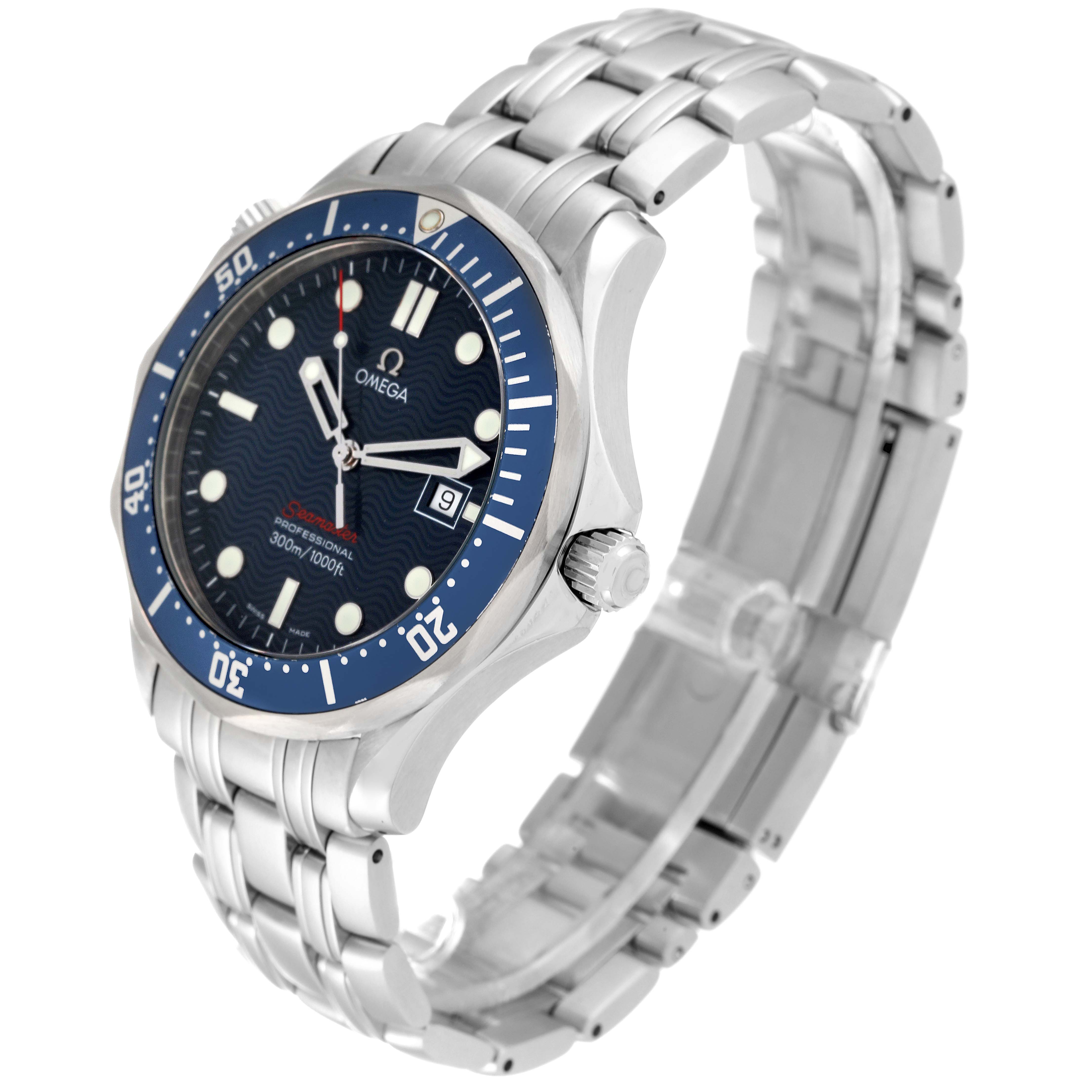 This image shows a side and front view of the Omega Seamaster 2221.80.00 Men
s Stainless Steel Blue Dial 2221.80.00 Men
s Stainless Steel Blue Dial watch, displaying its bracelet, bezel, dial, and crown.
