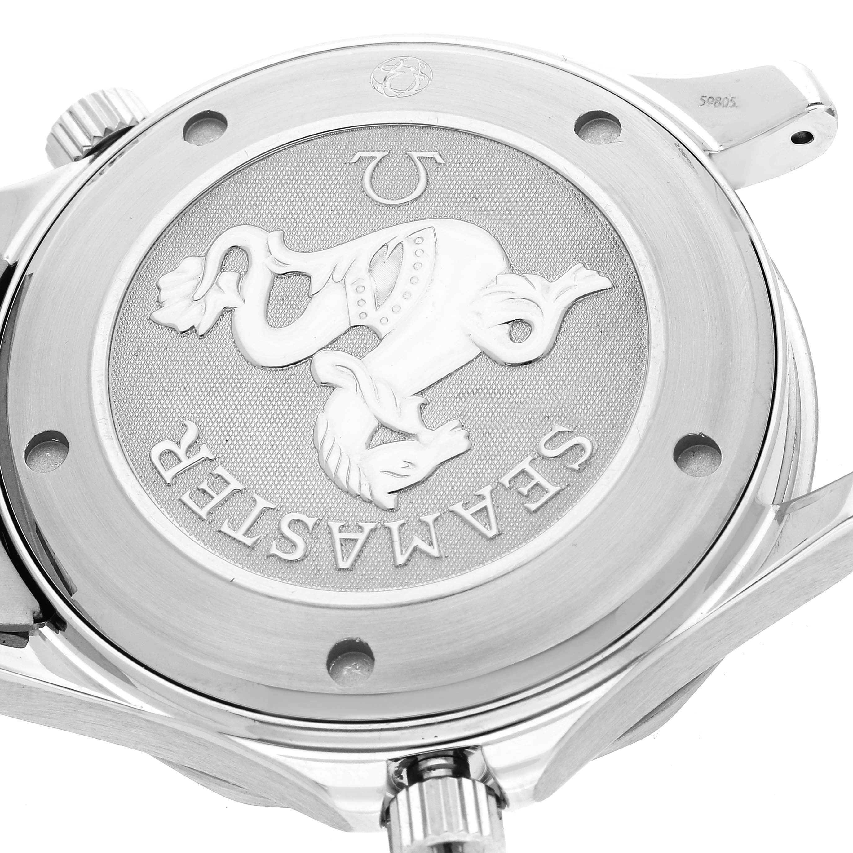 The image shows the back case of an Omega Seamaster 2221.80.00 Men
s Stainless Steel Blue Dial 2221.80.00 Men
s Stainless Steel Blue Dial watch, highlighting its logo and engravings.