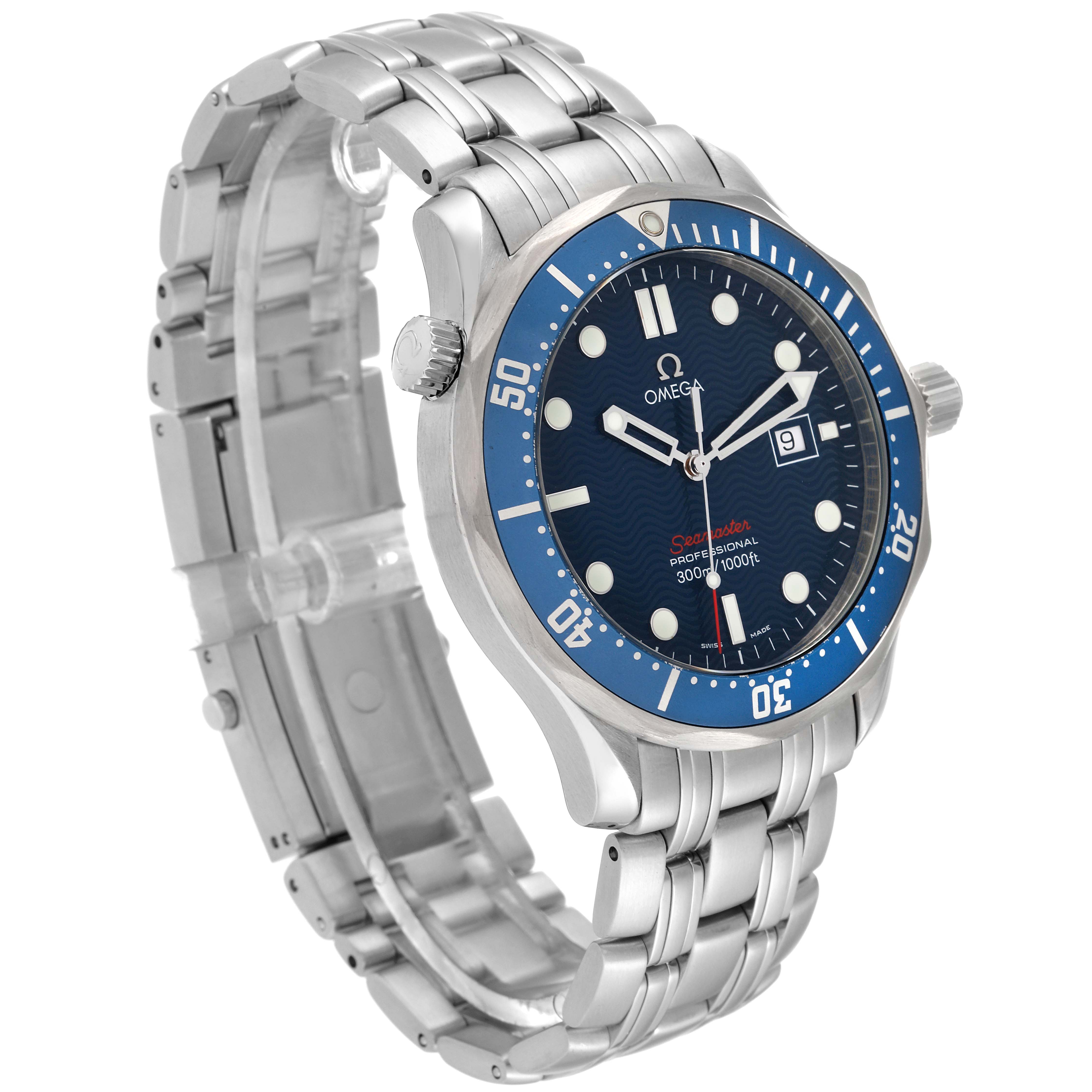 This Omega Seamaster 2221.80.00 Men
s Stainless Steel Blue Dial 2221.80.00 Men
s Stainless Steel Blue Dial watch is shown at a three-quarter angle, displaying the dial, bezel, crown, and stainless steel bracelet.