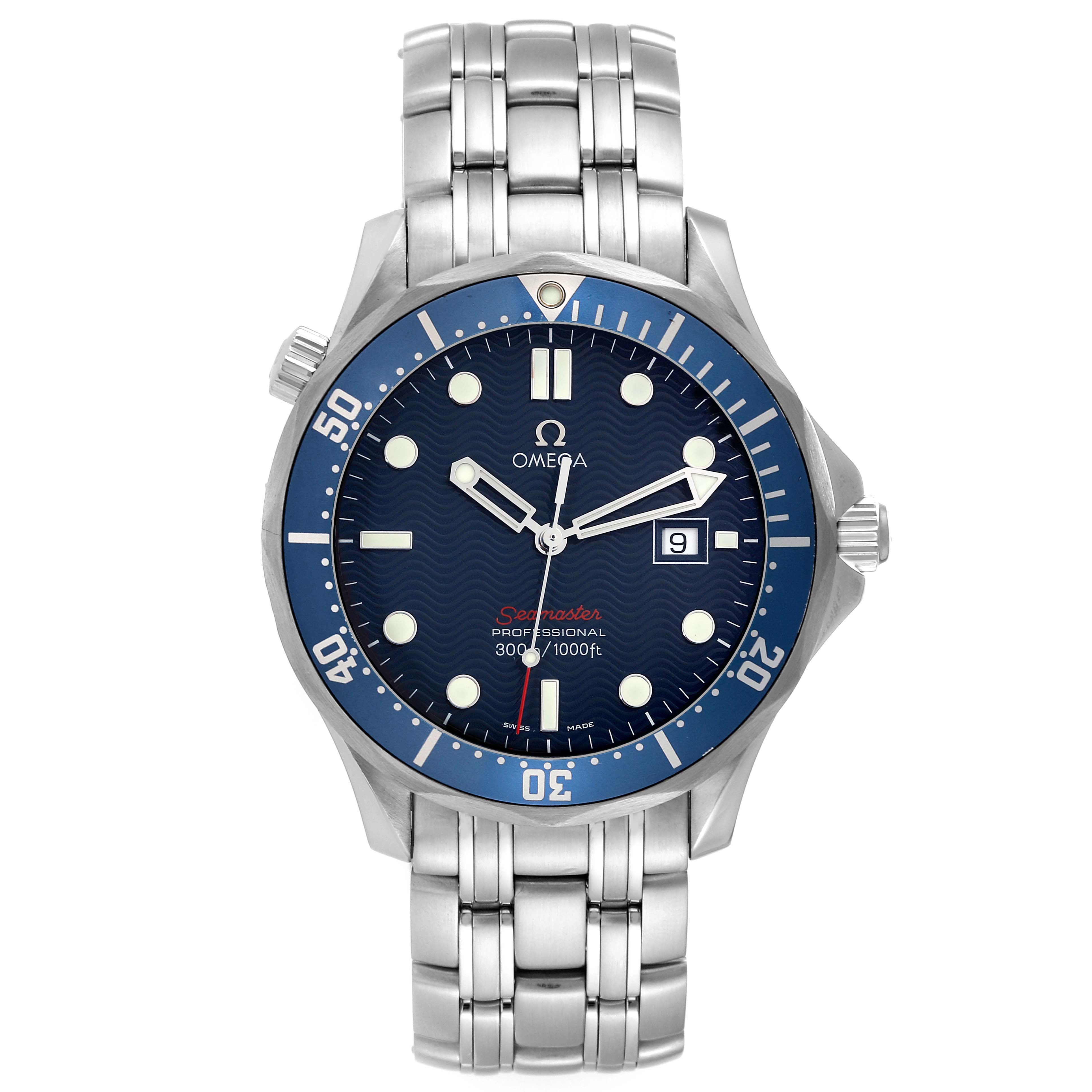 The image shows a front view of an Omega Seamaster 2221.80.00 Men
s Stainless Steel Blue Dial 2221.80.00 Men
s Stainless Steel Blue Dial watch with its bracelet, bezel, and dial clearly visible.