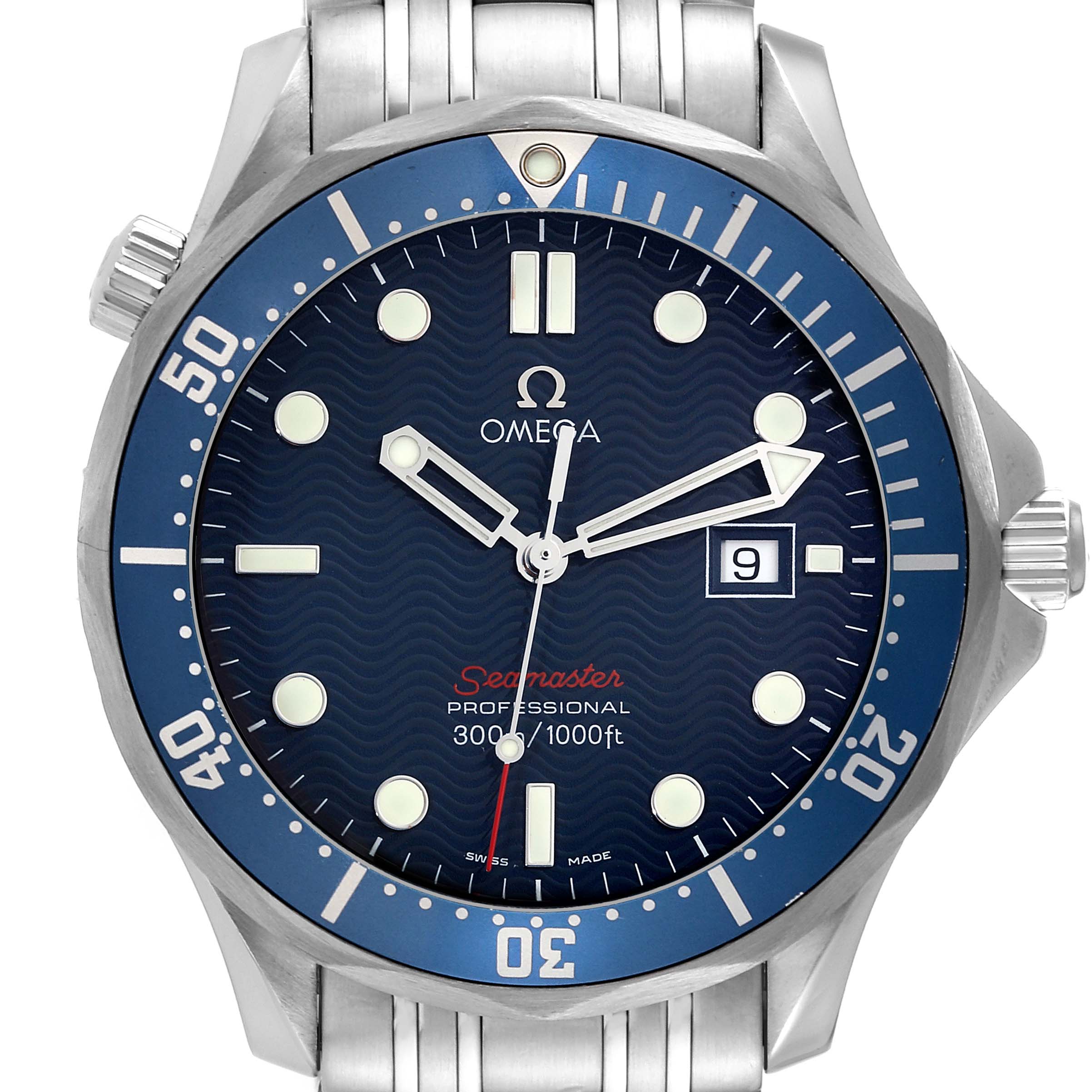 The image shows a front view of an Omega Seamaster 2221.80.00 Men
s Stainless Steel Blue Dial 2221.80.00 Men
s Stainless Steel Blue Dial watch, highlighting its blue dial, bezel, and stainless steel bracelet.