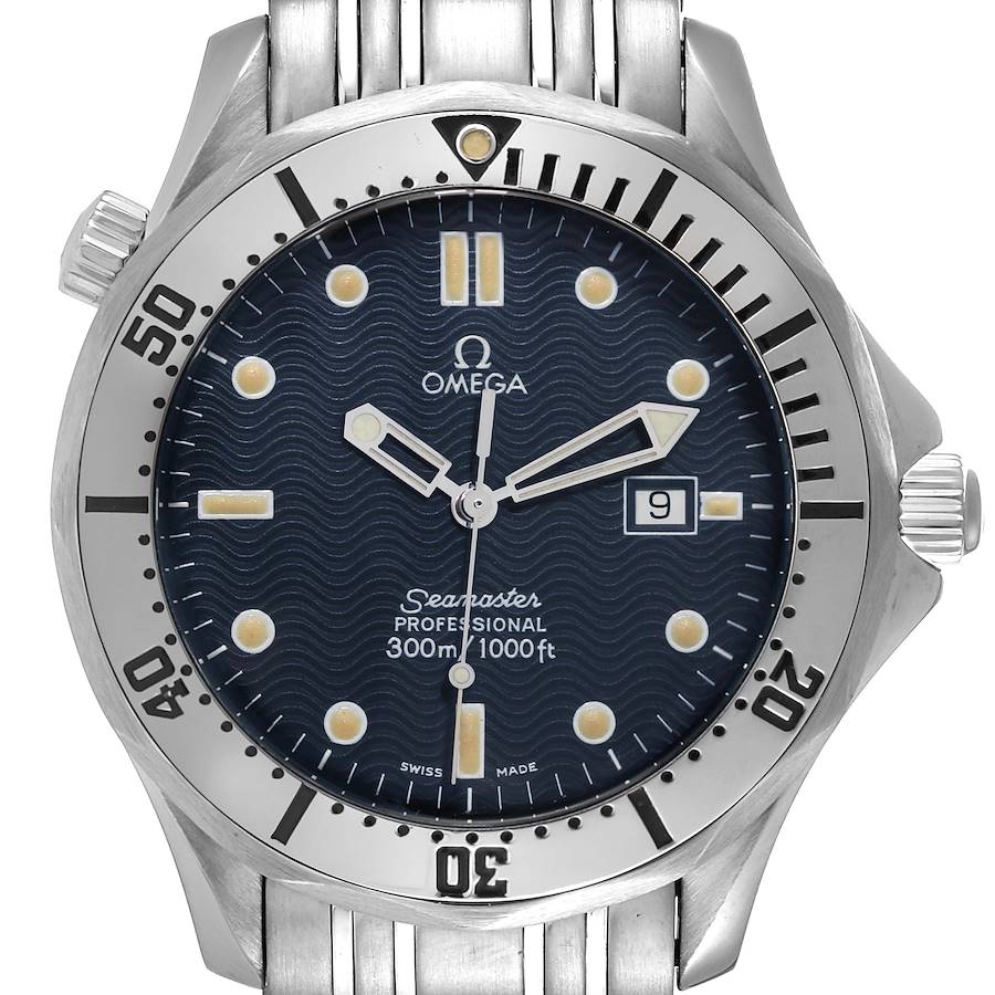 Front view of the Omega Seamaster watch showing the dial, bezel, date window, and part of the bracelet.