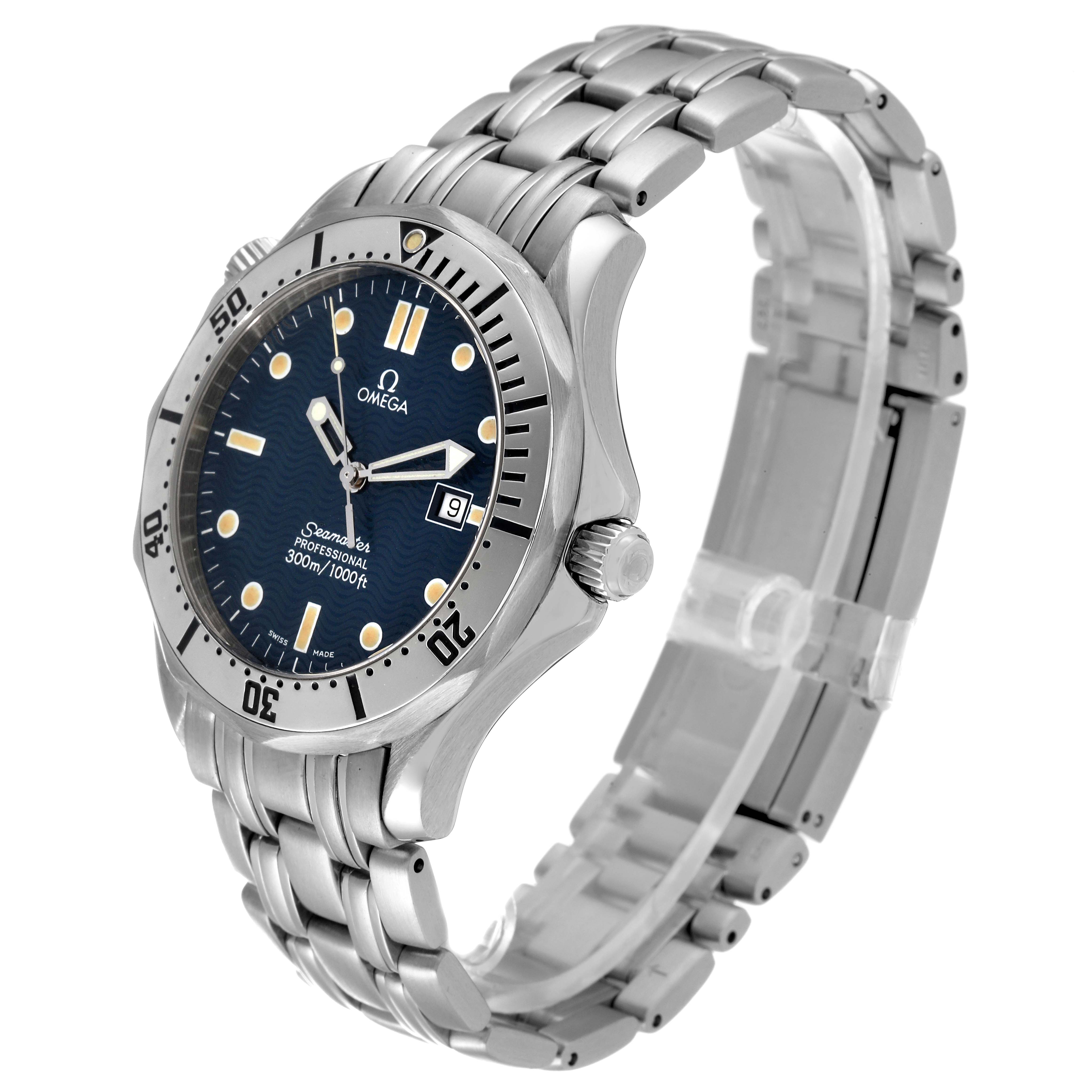 The Omega Seamaster 2542.80.00 Men's Stainless Steel Blue Dial 2542.80.00 Men's Stainless Steel Blue Dial watch is shown at a three-quarter angle, highlighting its face, bezel, crown, and stainless steel bracelet.
