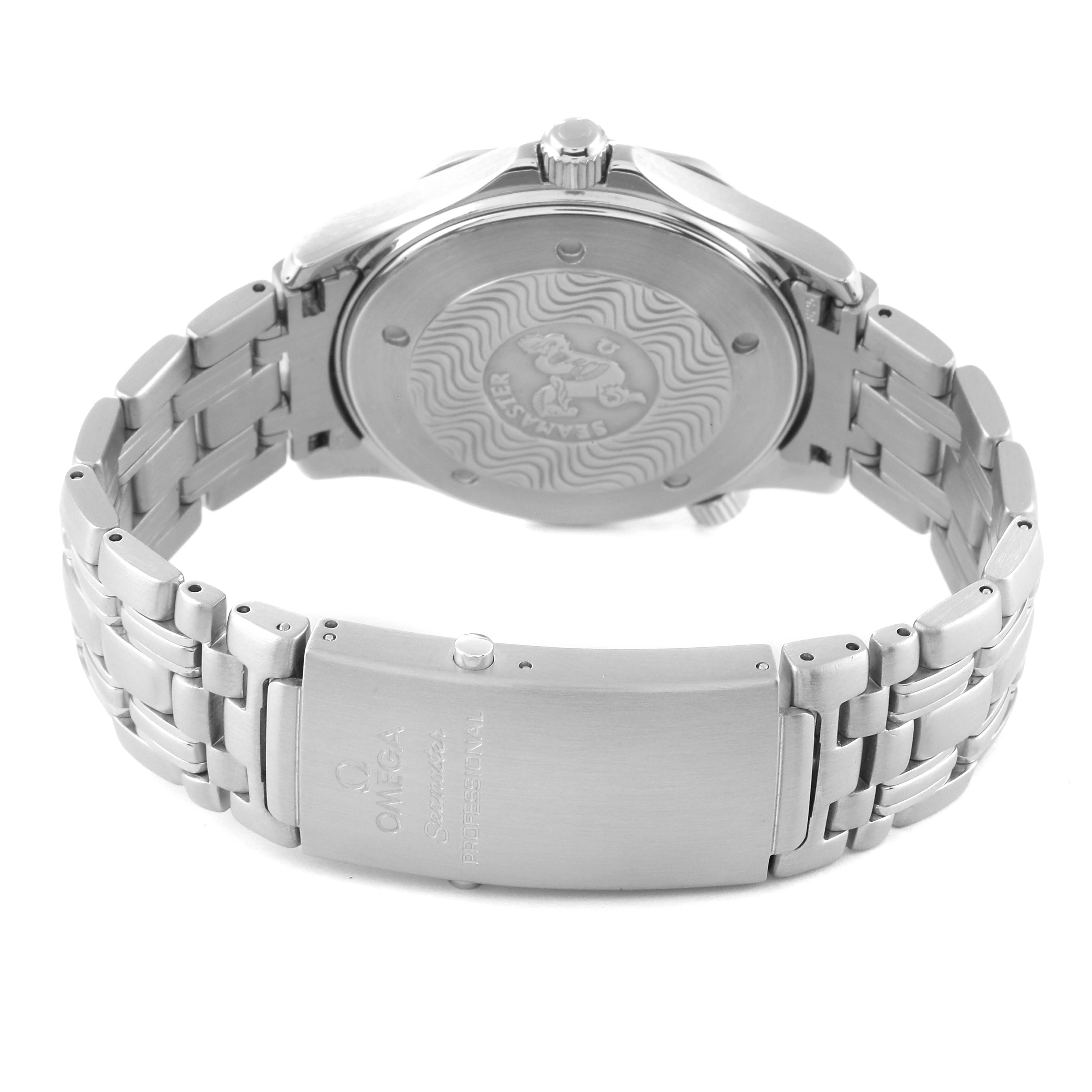 The image shows the back view of the Omega Seamaster 2542.80.00 Men's Stainless Steel Blue Dial 2542.80.00 Men's Stainless Steel Blue Dial watch, highlighting its case back and stainless steel bracelet.